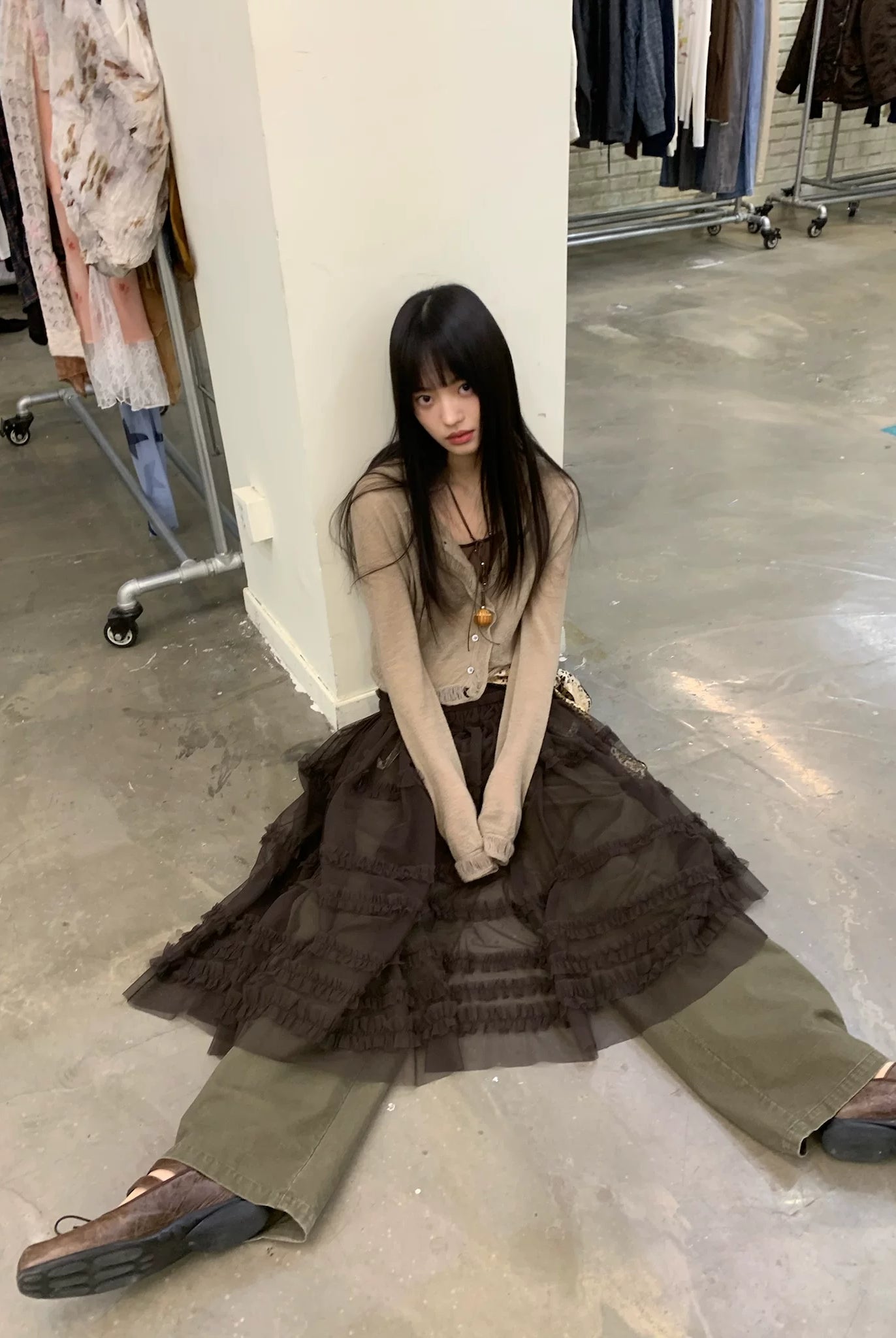 NeverSeez Tiered Ruffle Mesh Maxi Dress in Brown