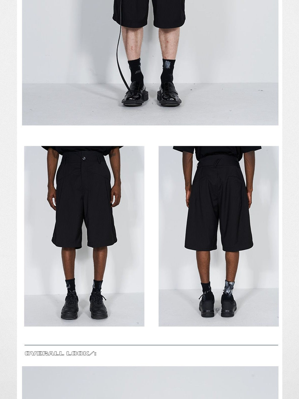 BLINDNOPLAN Dislocated Stripe Tailored Shorts in Black - On Model