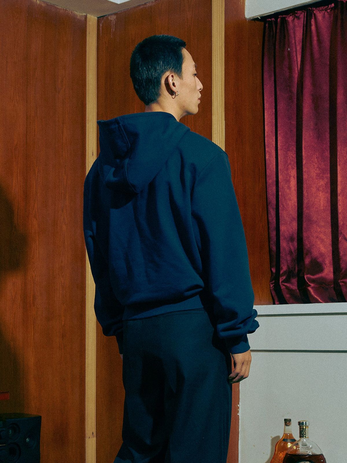 SOD Embroidered Padded Shoulder Hoodie in Blue - On Model