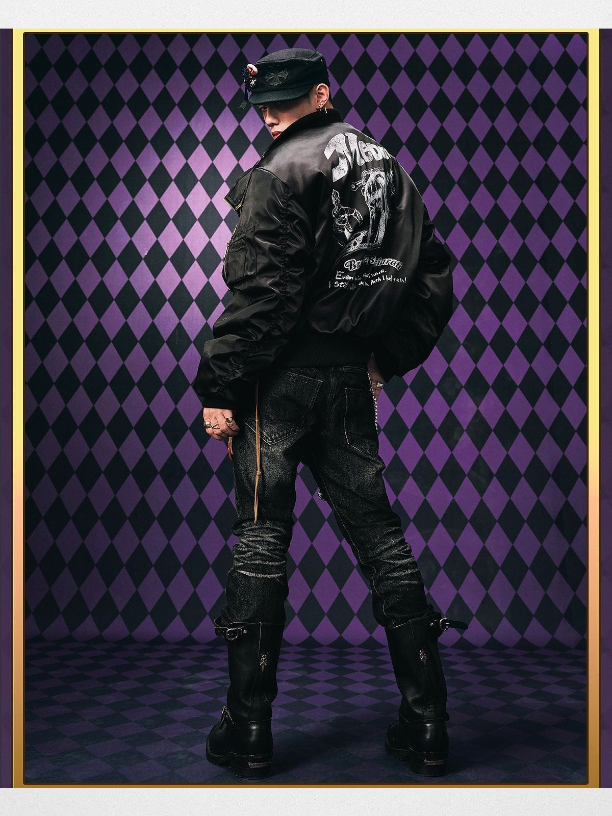 MEDM Bucciarati Zip Detail Bomber in Black - On Model