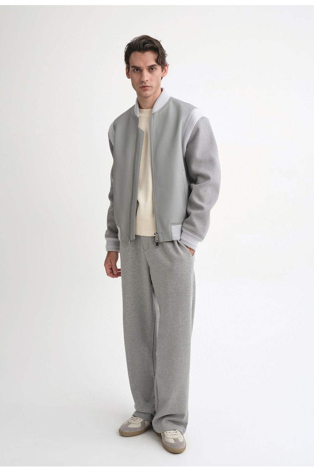 Roolrren homme Cowhide Lambswool Varsity Jacket in Gray - On Model