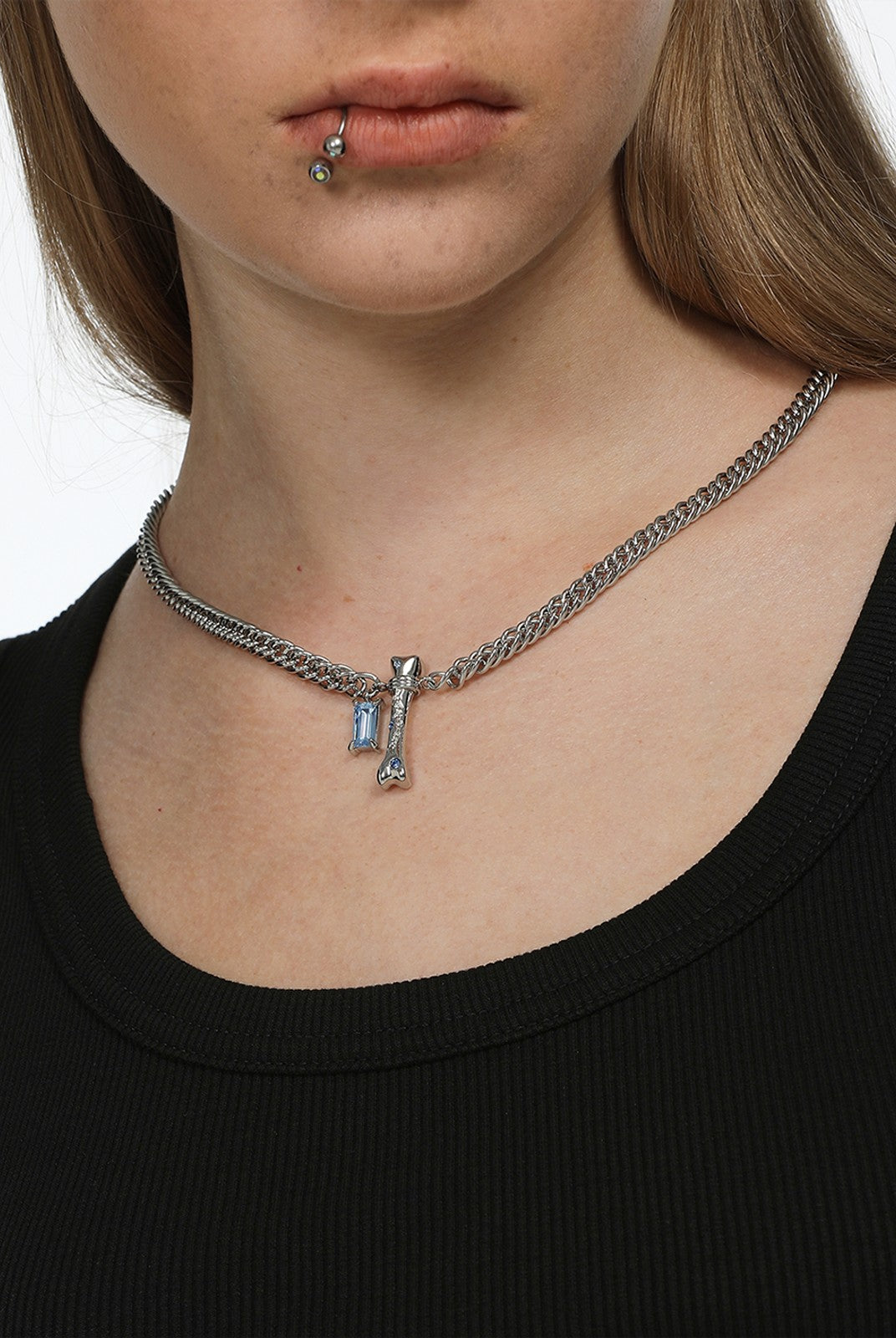 BLACKHEAD Blue Rhinestone Bone Necklace in Silver - On Model