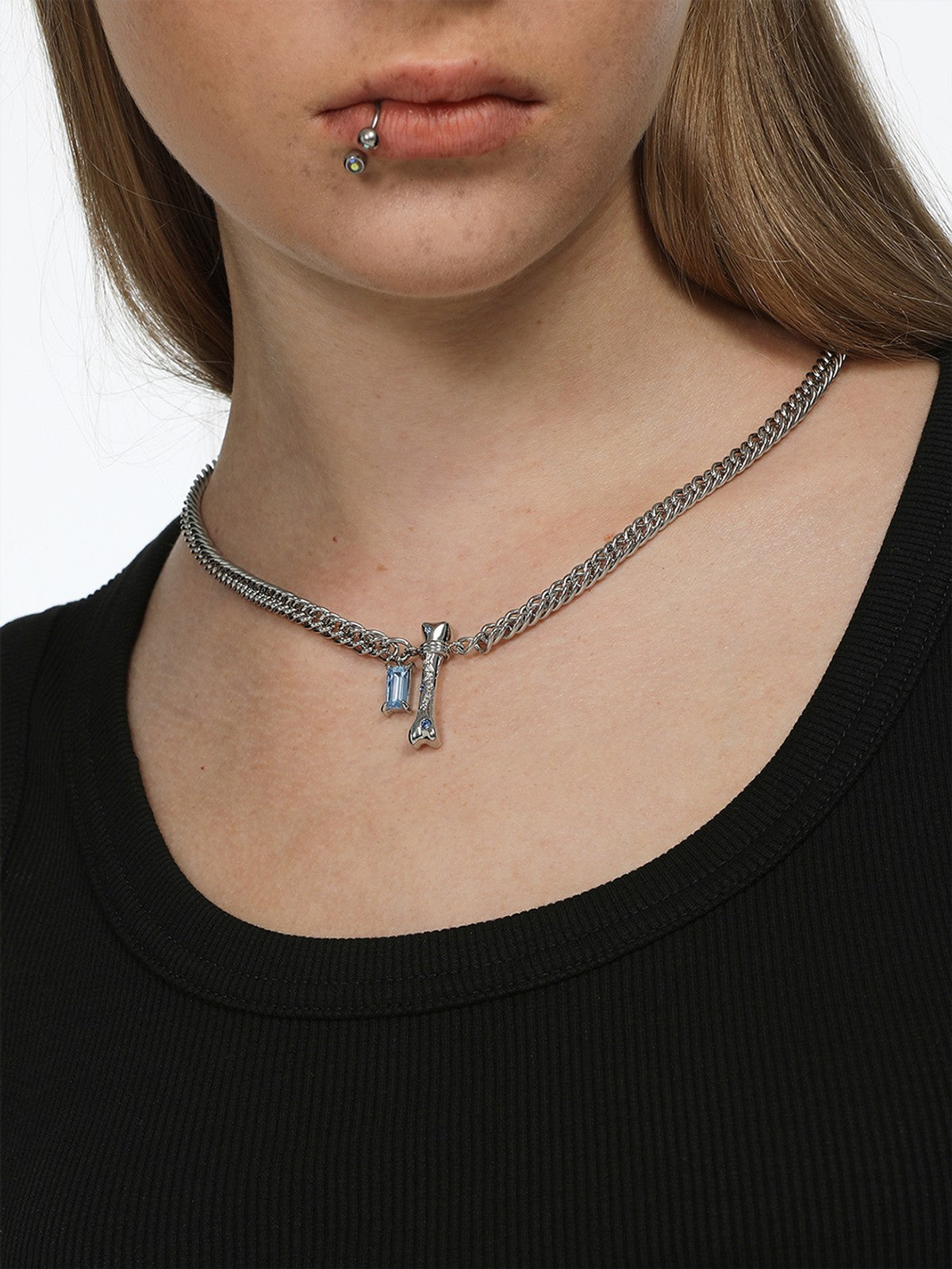 BLACKHEAD Blue Rhinestone Bone Necklace in Silver - On Female Model