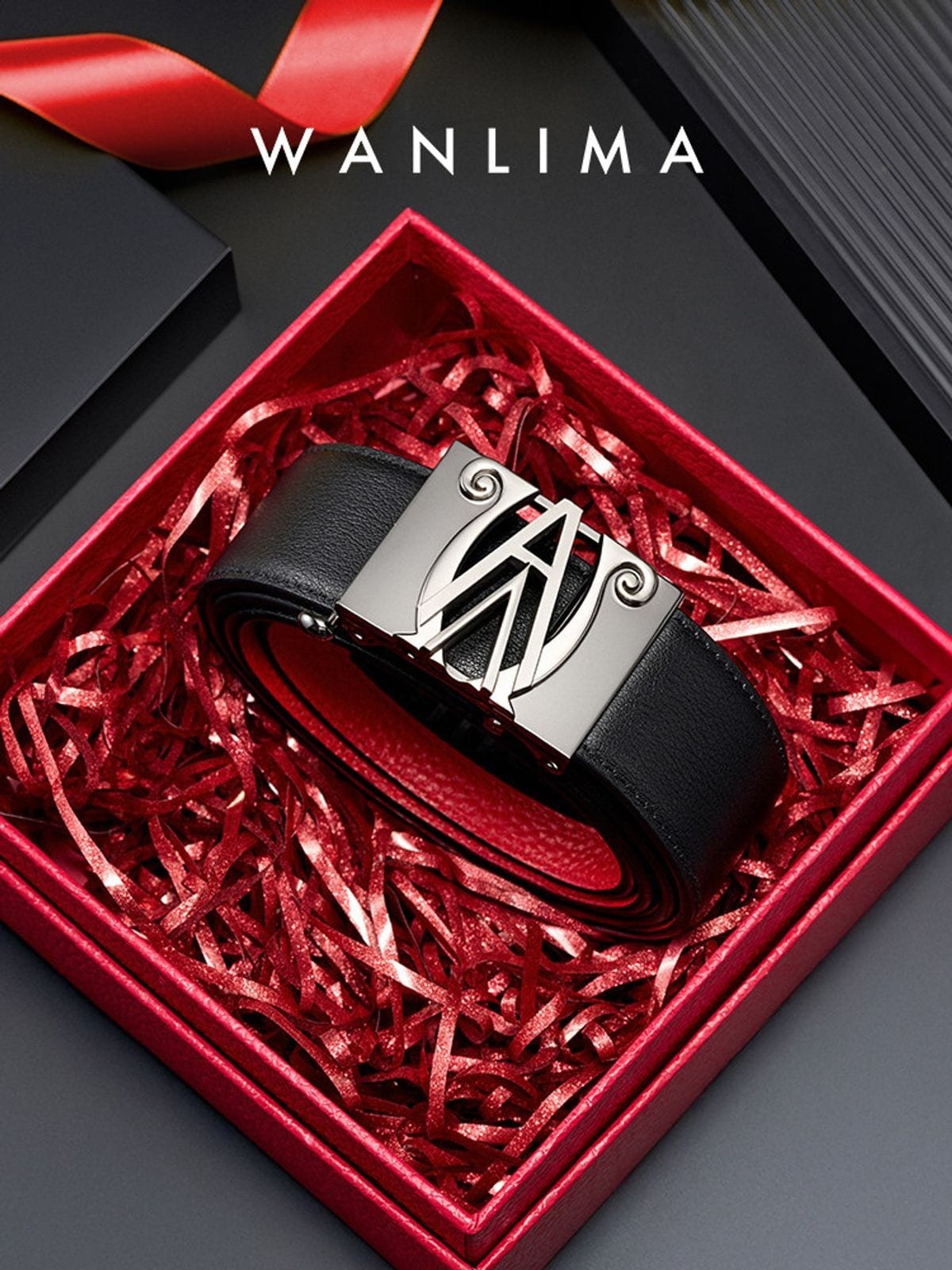 WANLIMA Cowhide Leather Metal Buckle Belt in Black