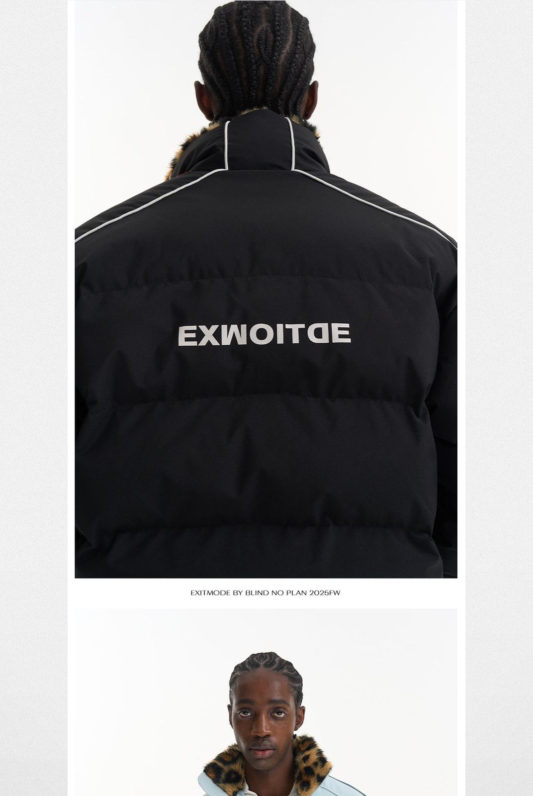 BLINDNOPLAN Leopard Collar Puffer Jacket in Black - On Model