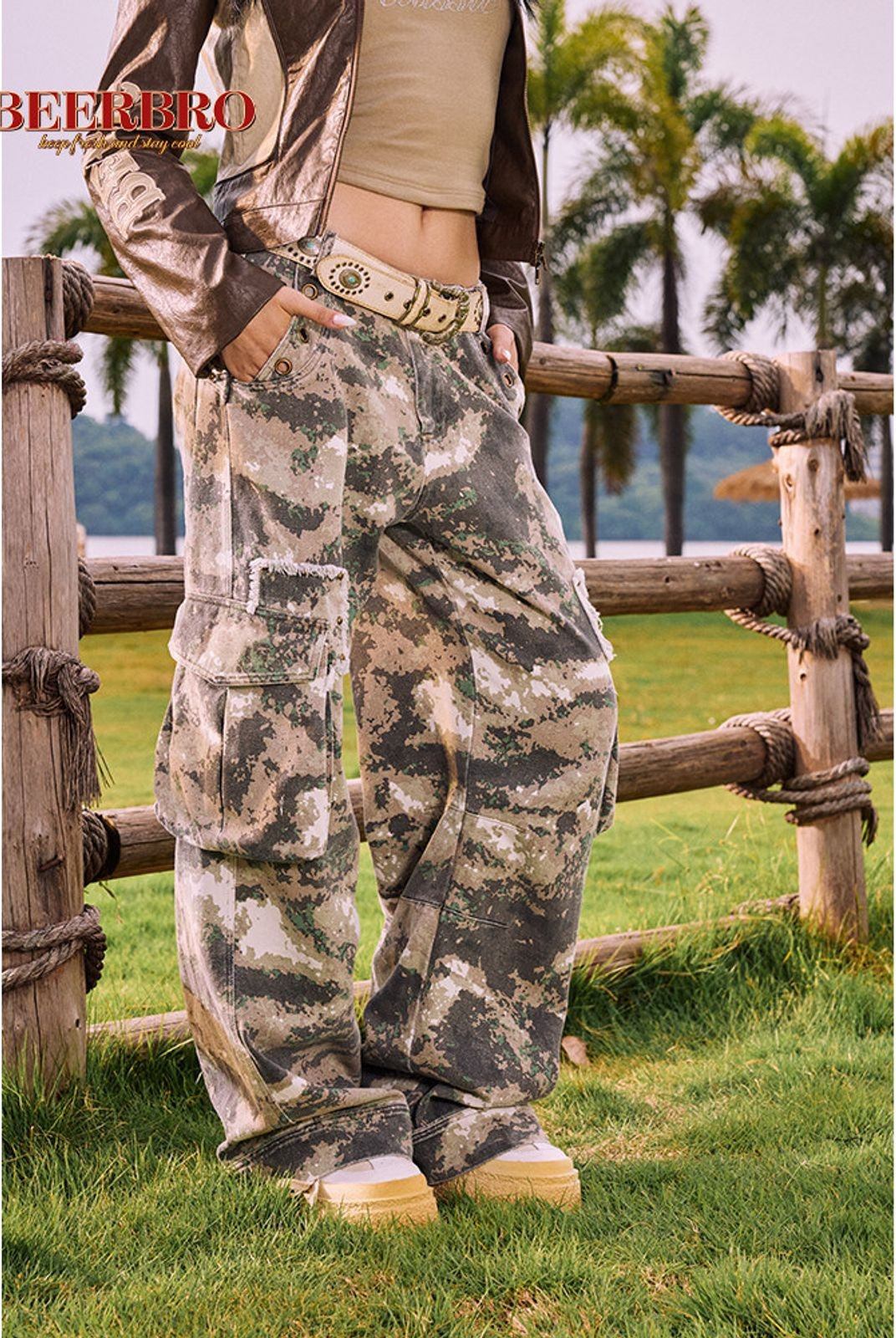 BeerBro Retro Camo Wide Leg Cargo Pants in Olive - On Model