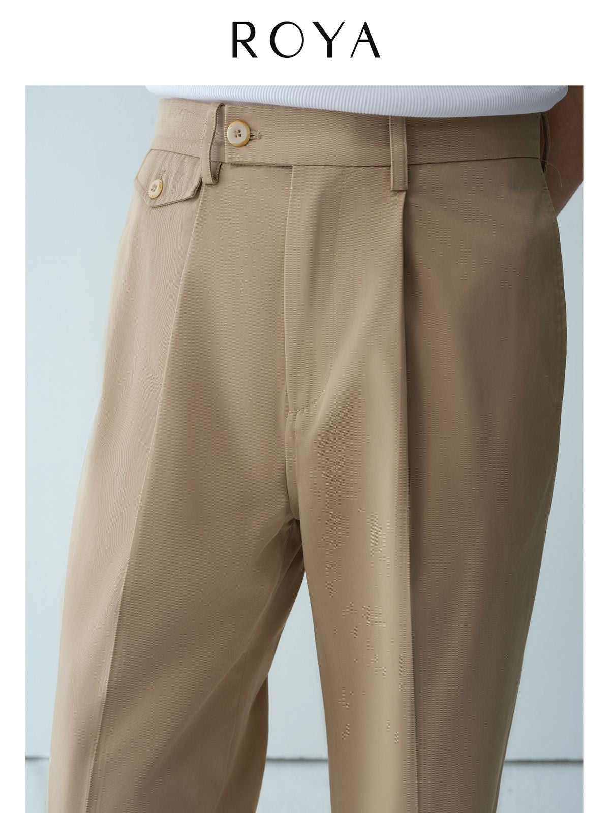 ROYA Pleated Long Staple Cotton Chinos in Khaki - On Model