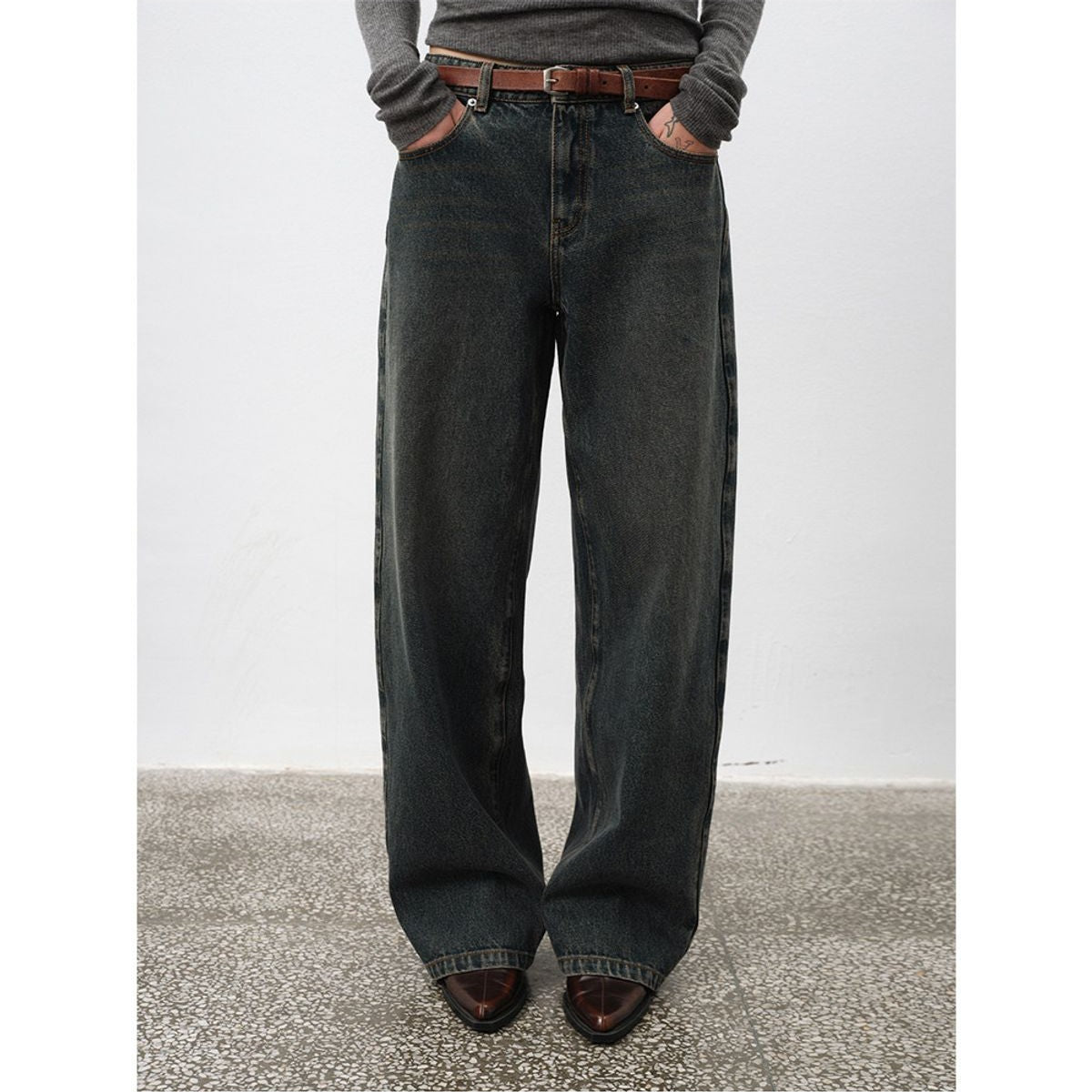 RandomPiece Washed Cotton Straight Leg Jeans in Black - On Model