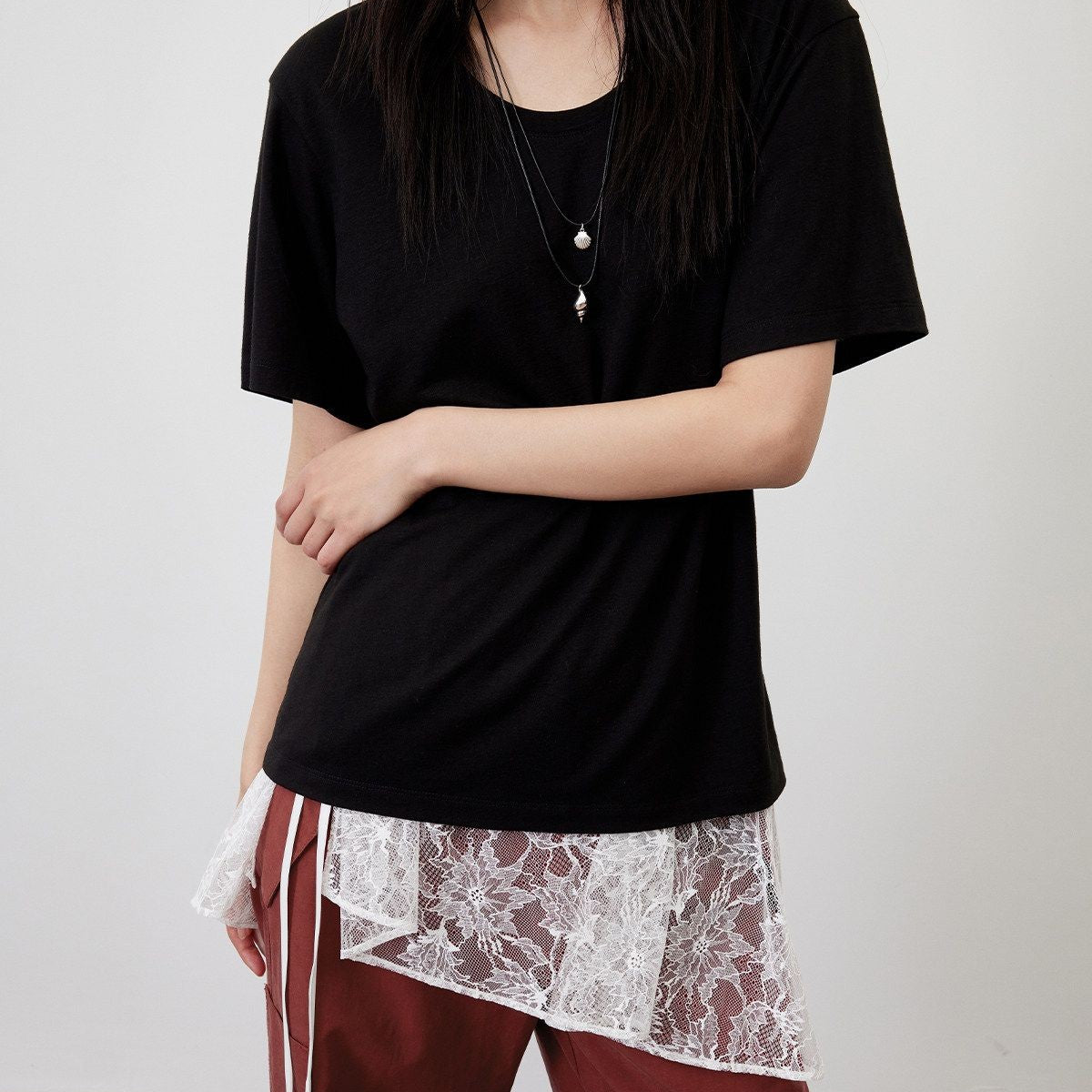 RandomPiece Linen Blend U Neck T Shirt in Black - On Model