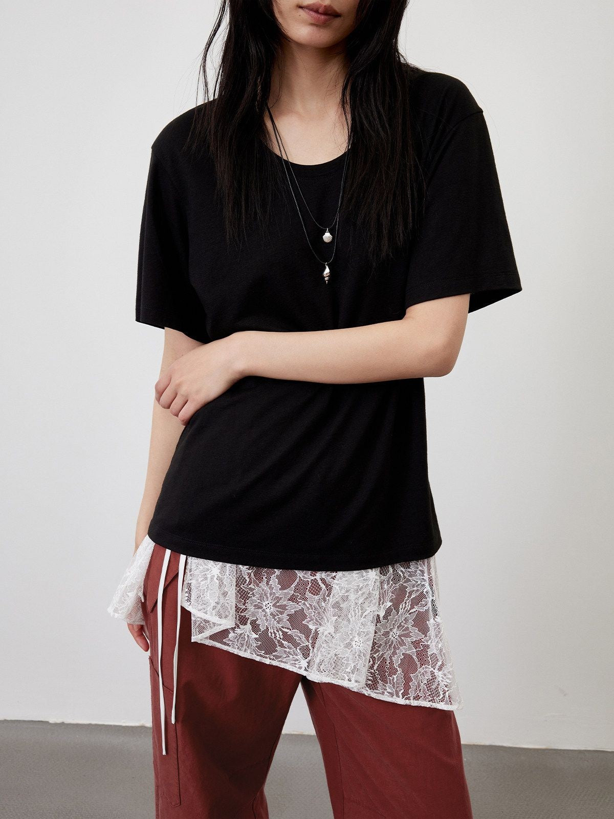 RandomPiece Linen Blend U Neck T Shirt in Black - On Model