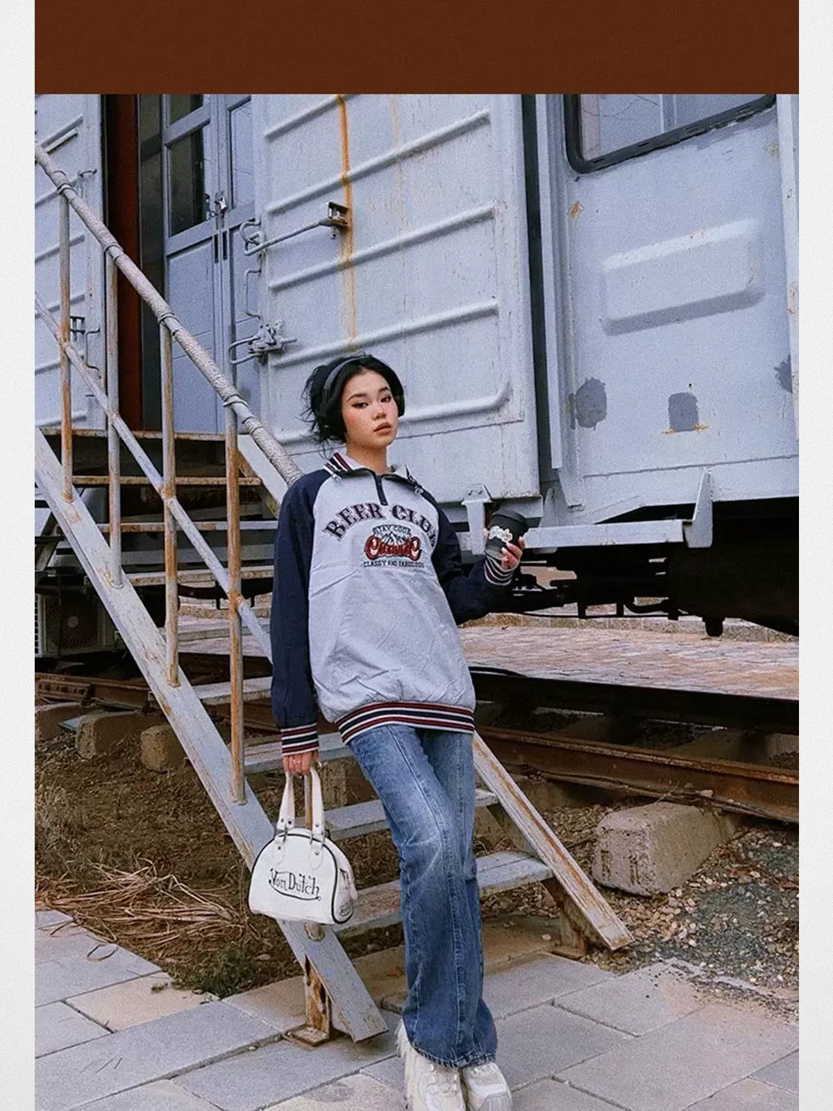 BeerBro Color Block Half Zip Sweatshirt in Gray