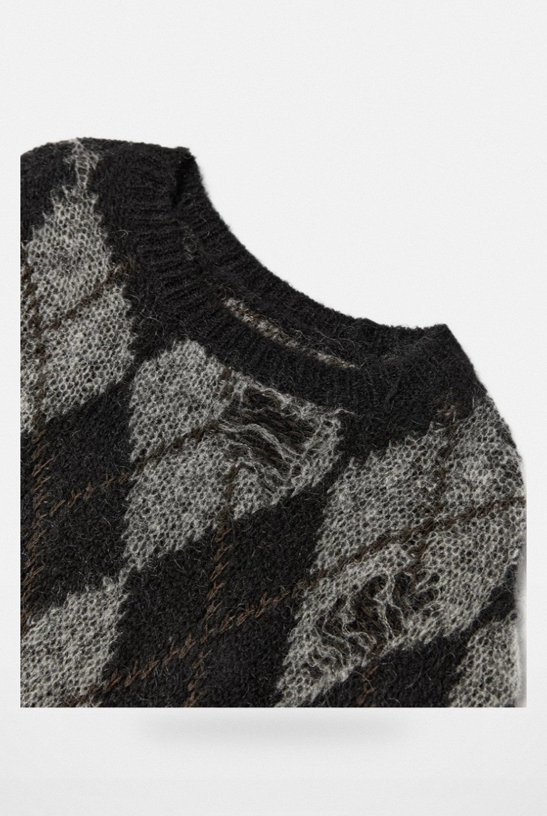 RandomPiece Distressed Argyle Alpaca Blend Sweater in Black - Detail
