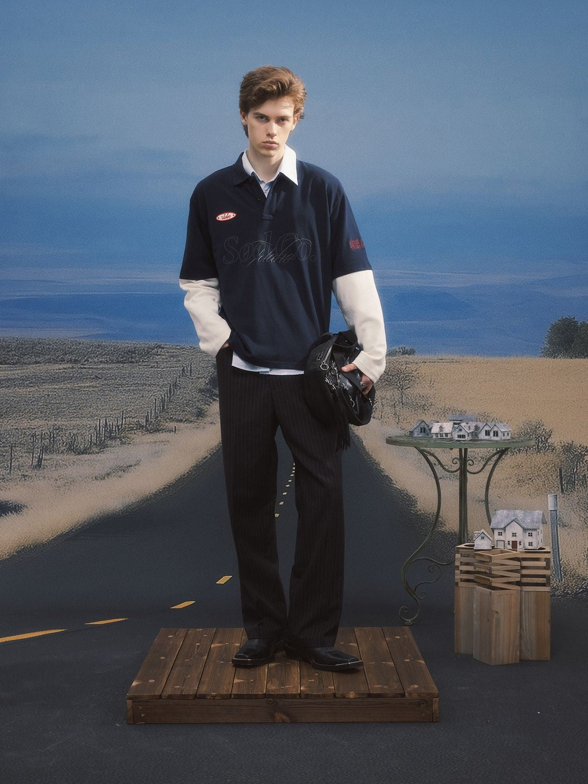 SOD Mock Layered Graphic Polo Shirt in Blue - On Model