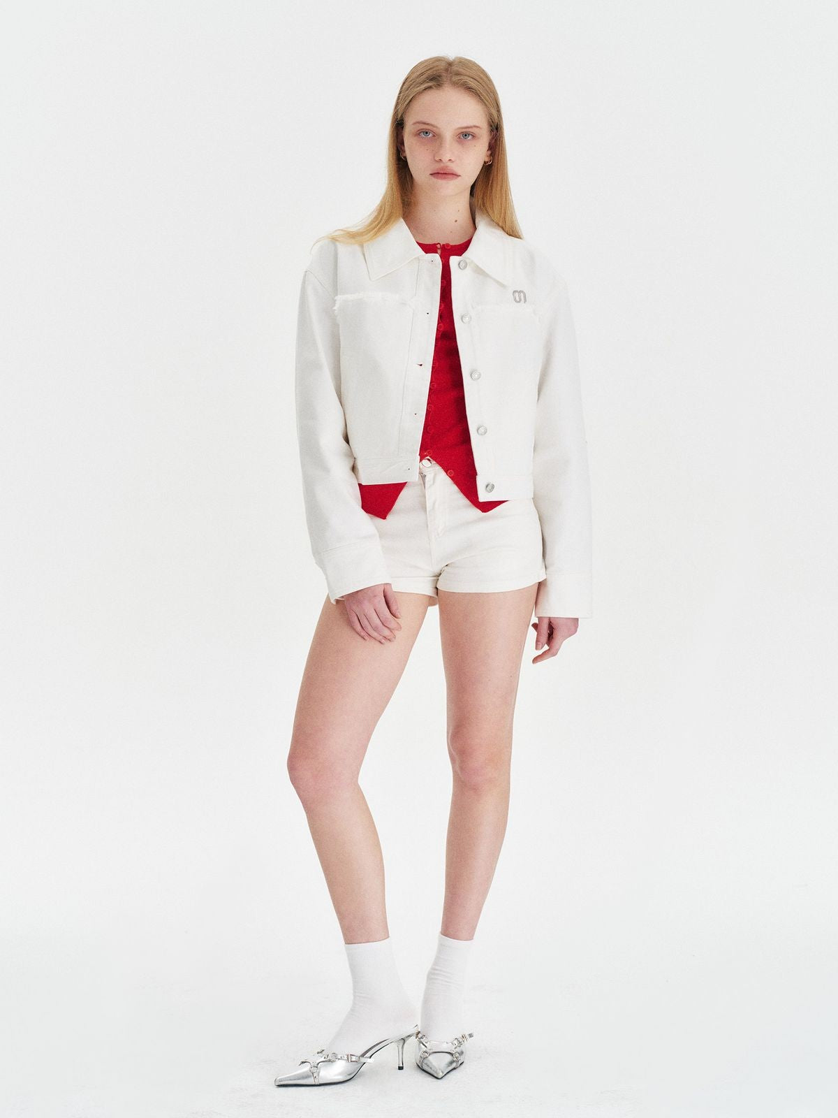 Amee Raw Edge Contrast Denim Jacket in White - On Model