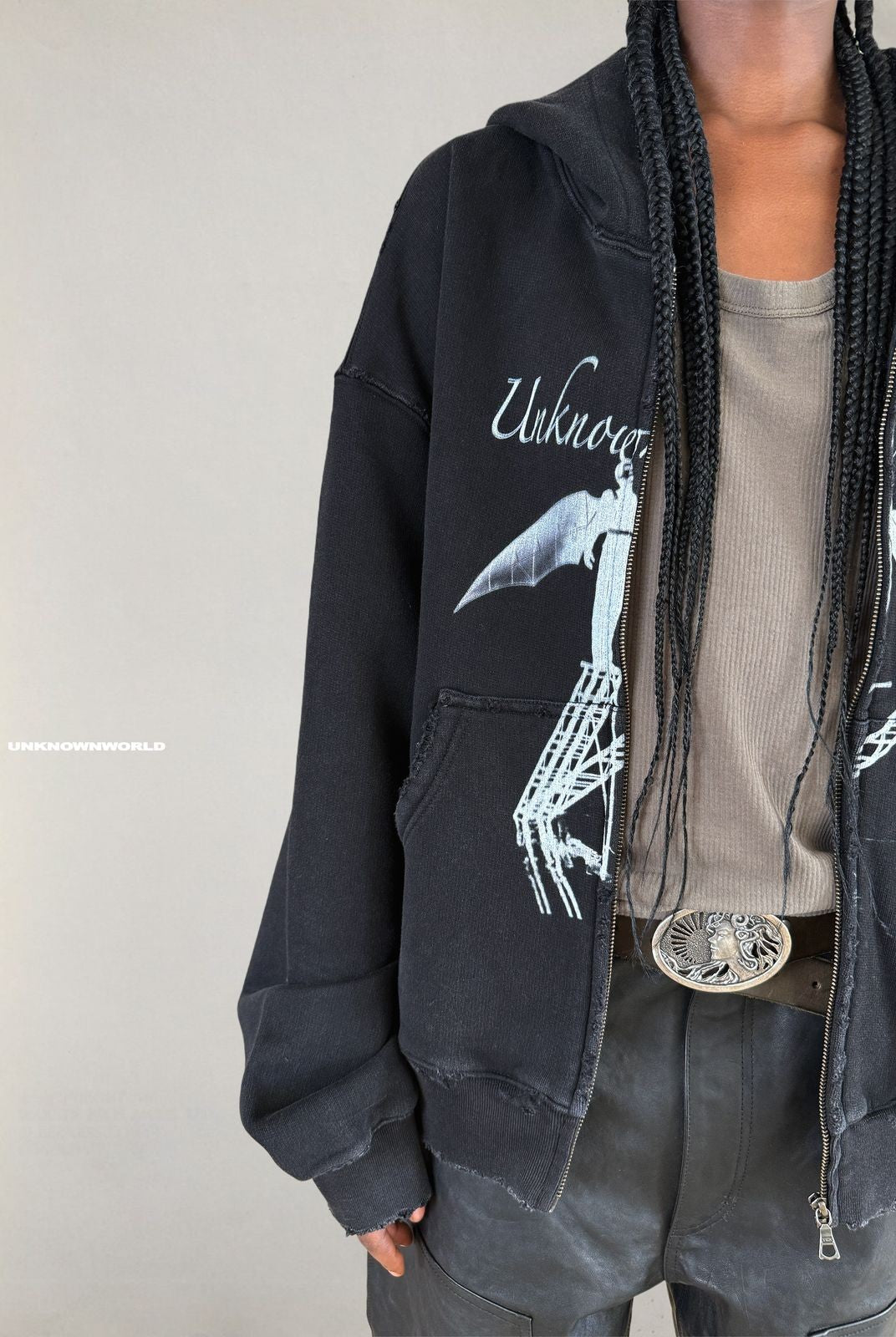 UNKNOWNWORLD Distressed Bat Print Zip Up Hoodie in Black - On Model