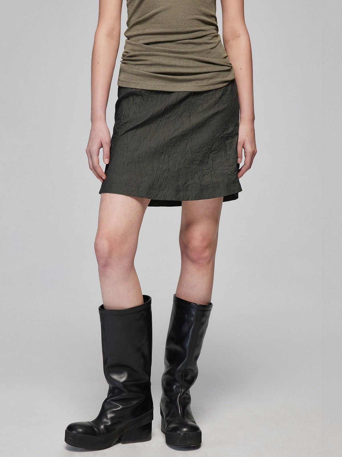 Simple Project Crinkled Texture Micro Flare Mini Skirt in Gray - On Model