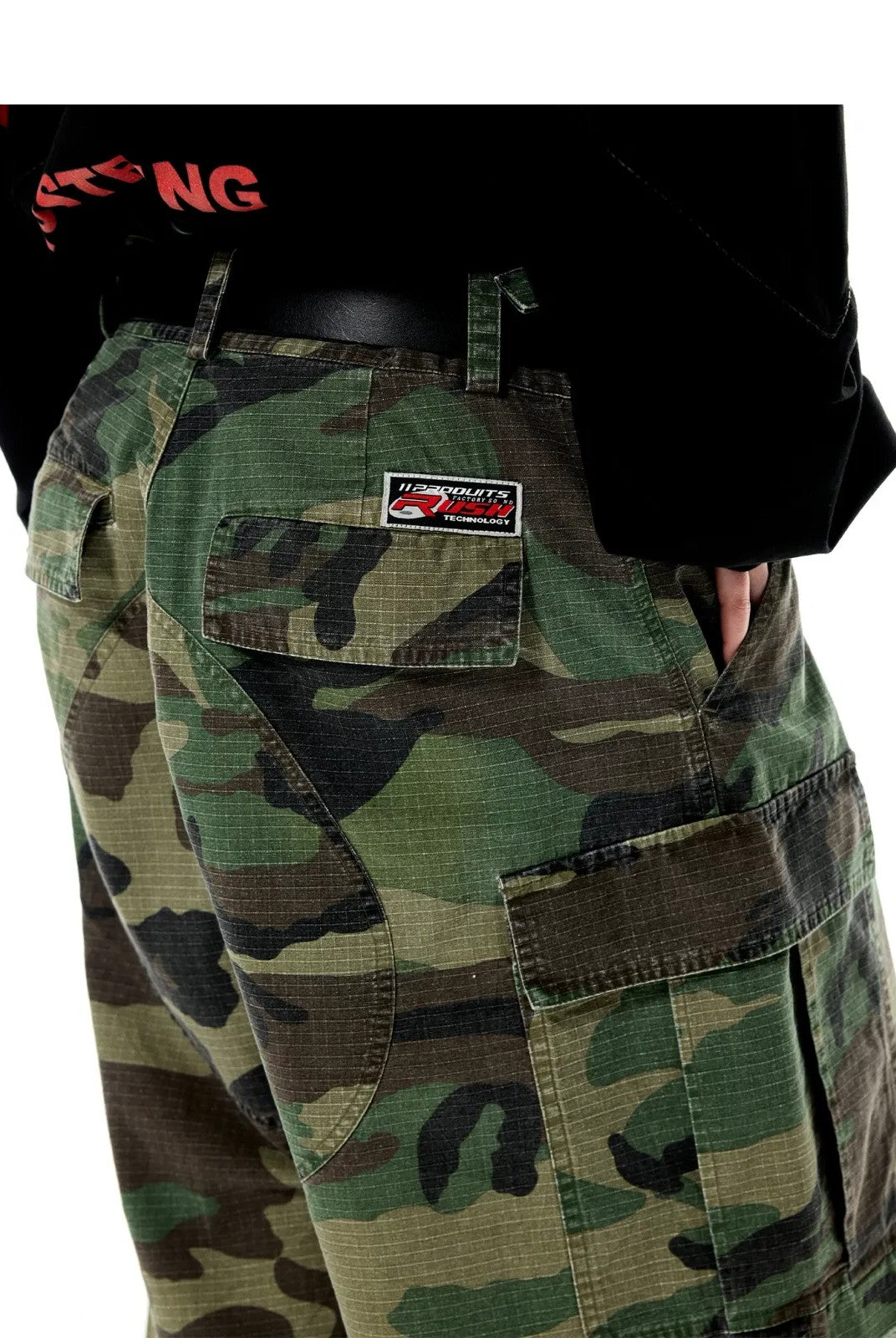 UNKNOWNWORLD Raw Edge Camo Cargo Shorts in Green - On Model