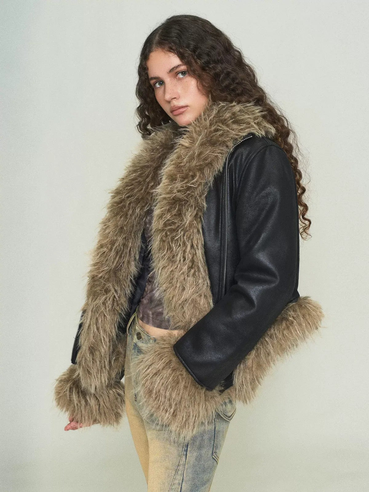 Amee Faux Fur Trimmed PU Jacket in Black - On Model