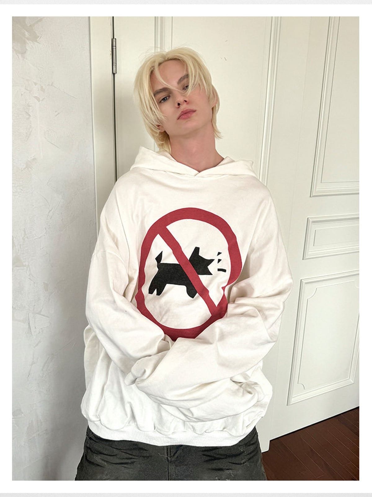 Triangle Project No Barking Graphic Fleece Hoodie in White - On Model