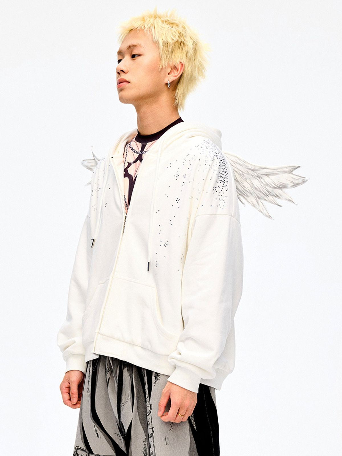 CFIERCE Rhinestone Angel Wing Zip Hoodie in White - On Male Model