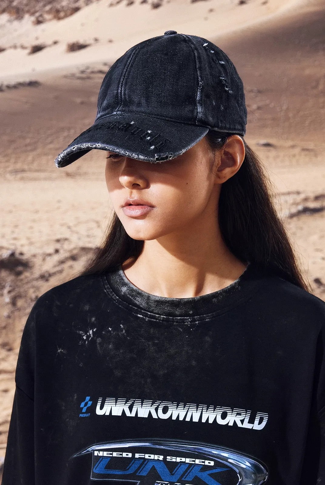 UNKNOWNWORLD Distressed Paint Splatter Cap in Black - On Model