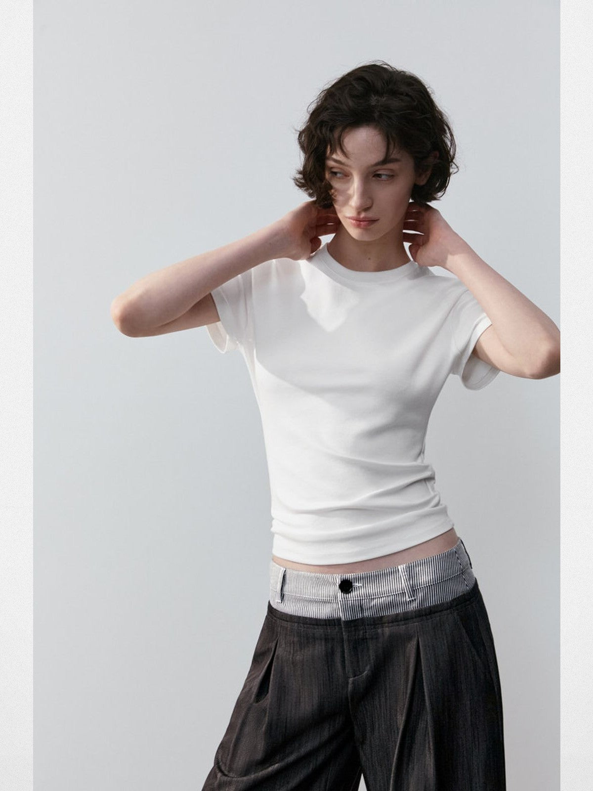 PUKI Structured Shoulder Lyocell Tee in White - On Model