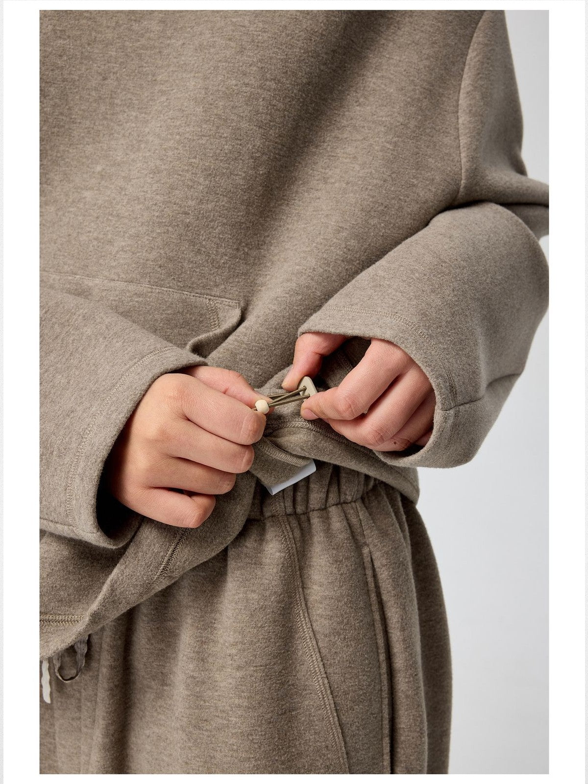 Simple Project Drawstring Hem Fleece Hoodie in Beige - Detail