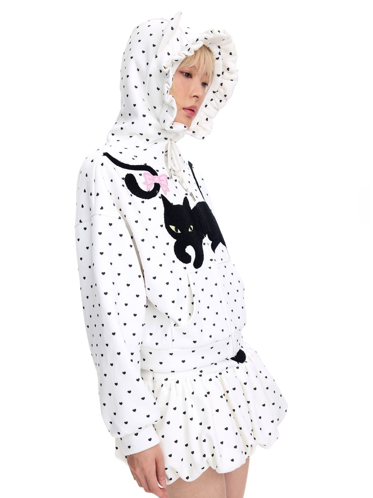 CFIERCE Heart Print Cat Ear Zip Hoodie in White - On Female Model