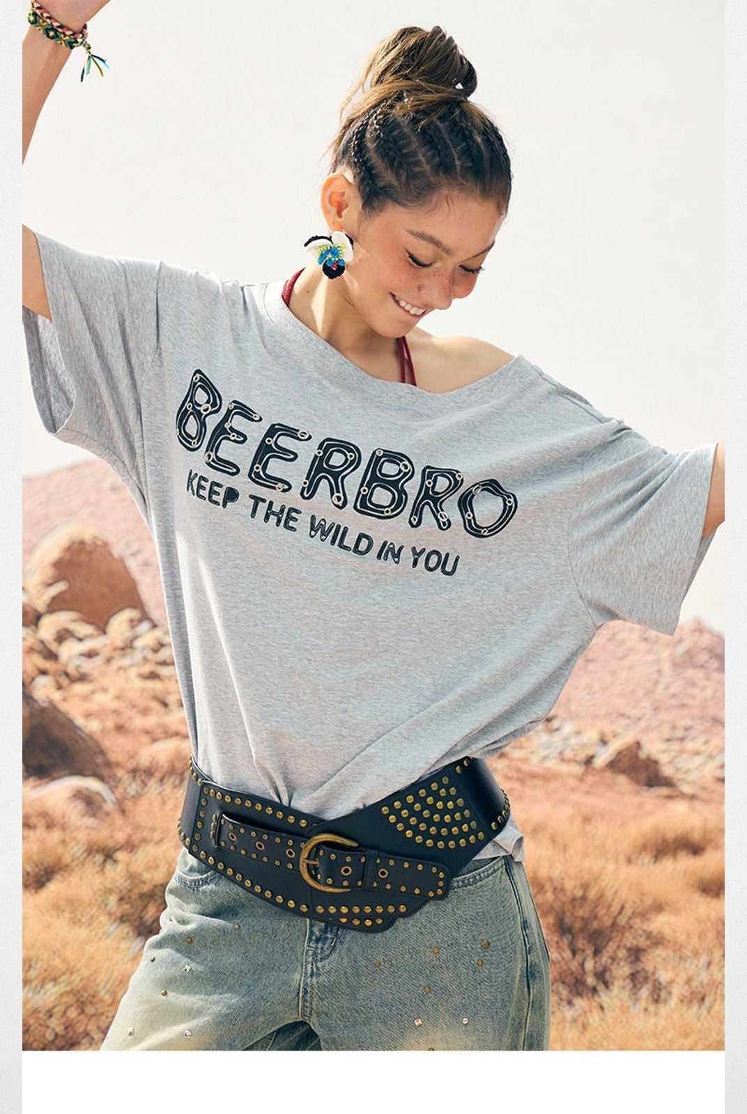 BeerBro Oversized Off Shoulder Graphic Tee in Heather Gray - On Model