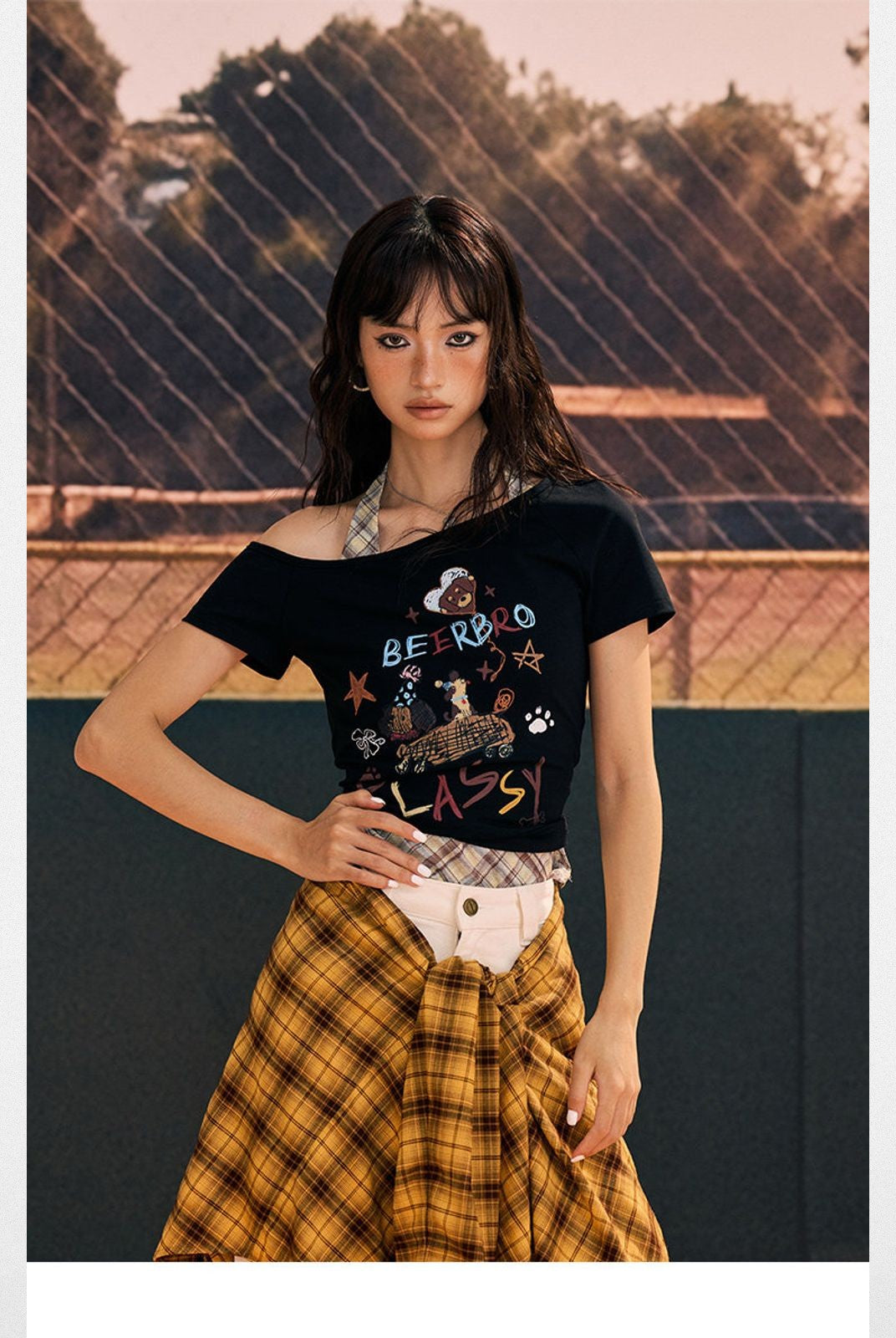 BeerBro Asymmetric Graffiti Puppy Crop Top in Black - On Model