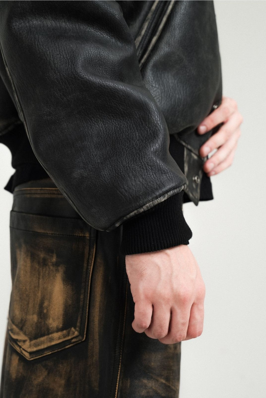 Retro 21 Distressed Faux Leather Padded Jacket in Black - On Model