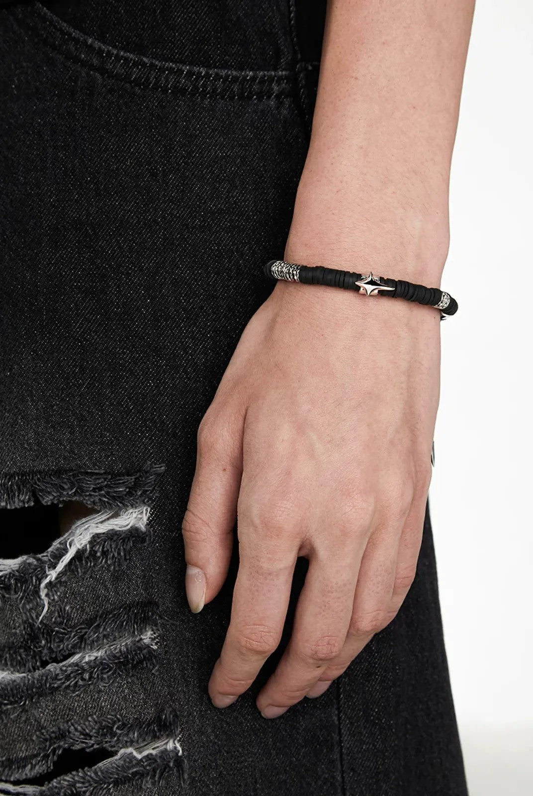 BLACKHEAD Star Pendant Chain Bead Bracelet in Black - On Model