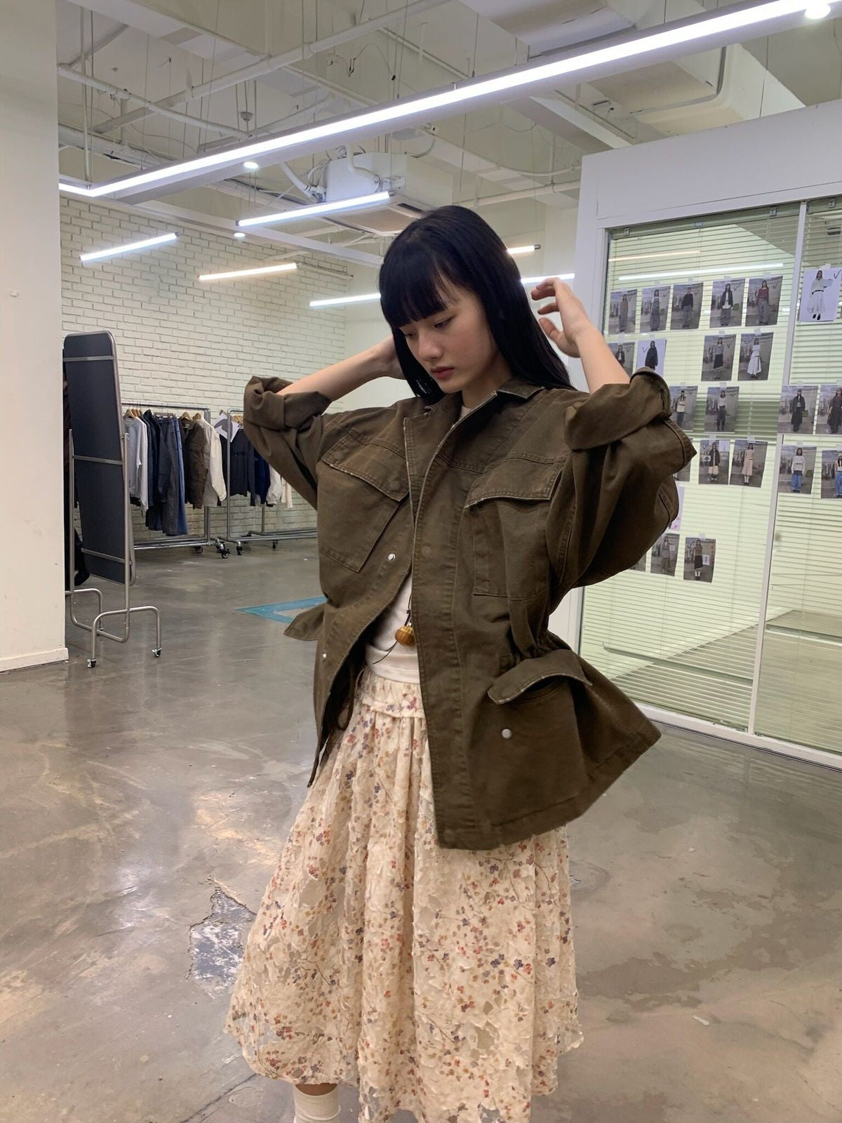 NeverSeez Washed Cotton Workwear Jacket in White - On Female Model