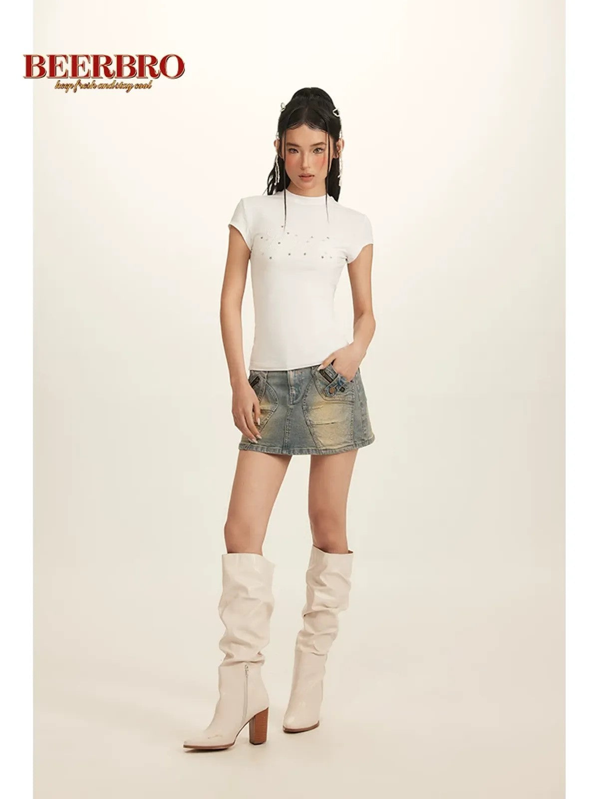 BeerBro Pearl Rhinestone Graphic Baby Tee in White - On Model