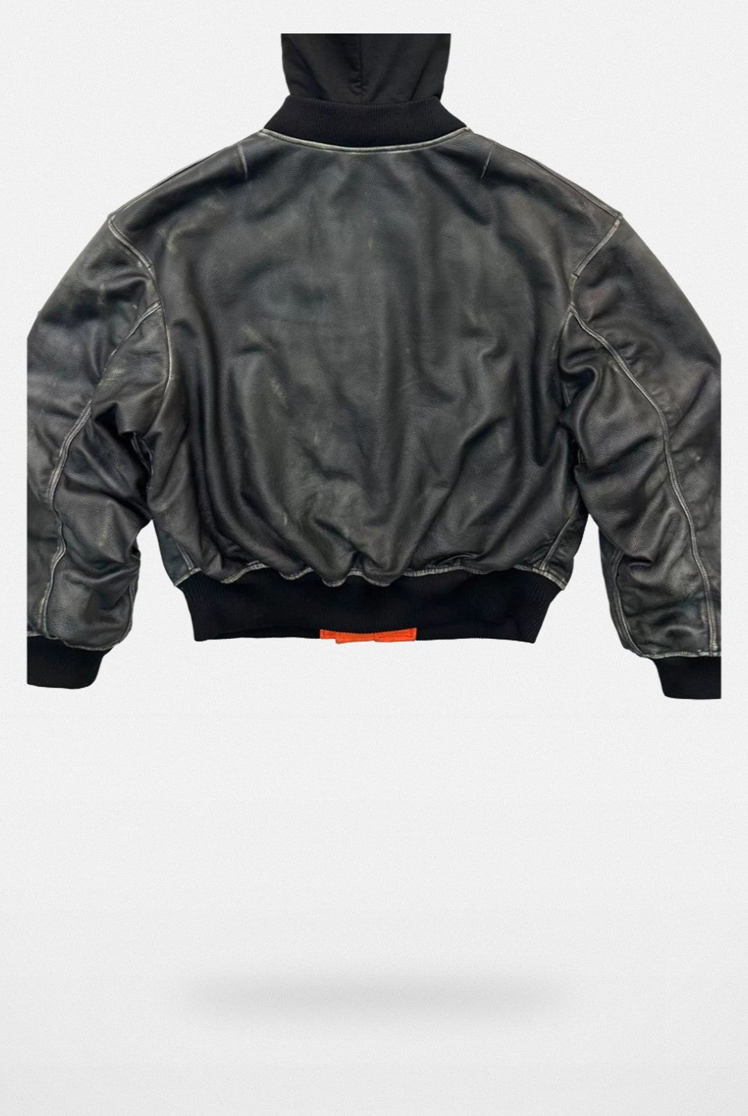 UNKNOWNWORLD Distressed Cowhide Hooded Bomber in Black