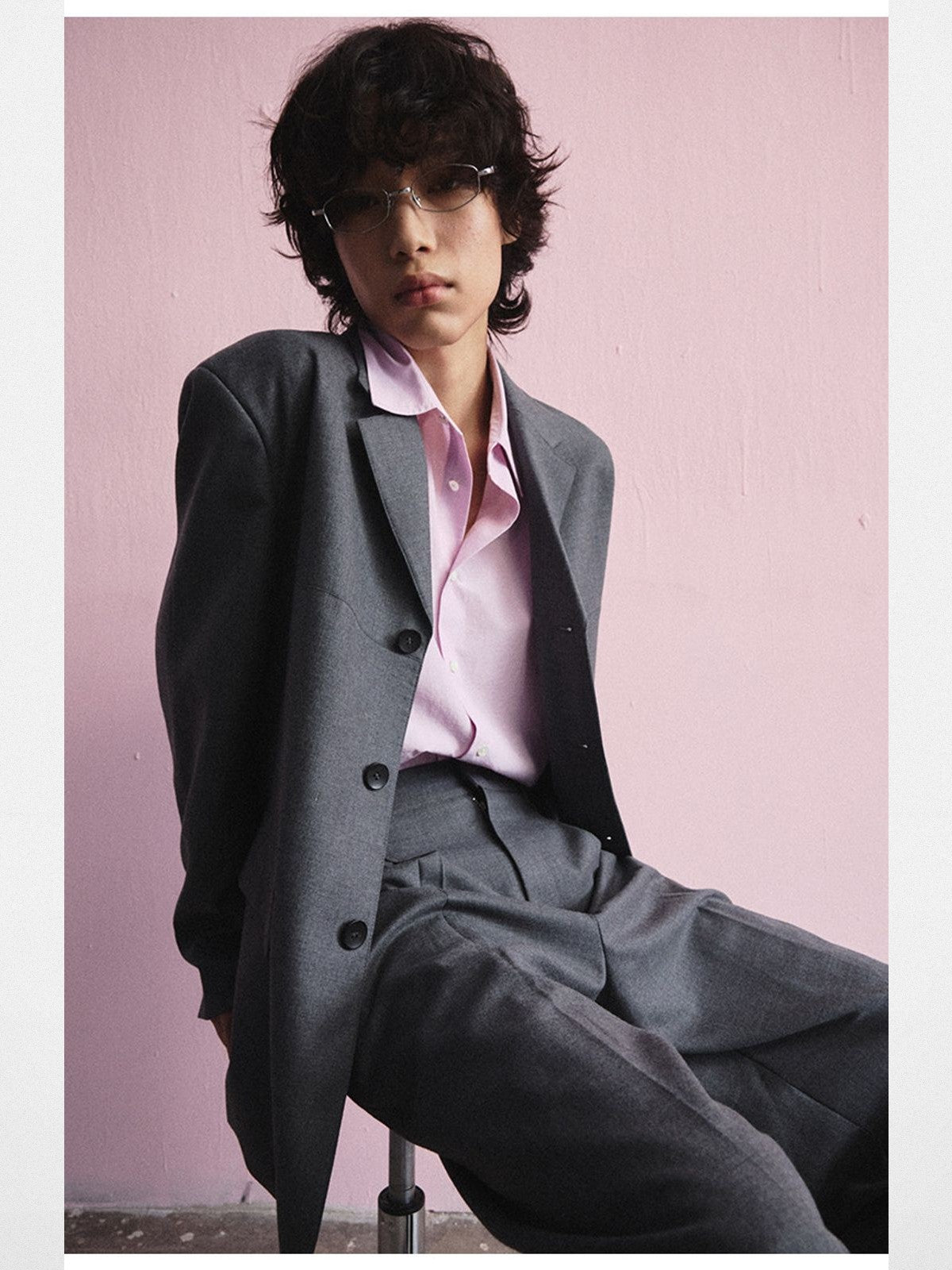 NANS Crinkled Square Collar Shirt in Pink - On Model