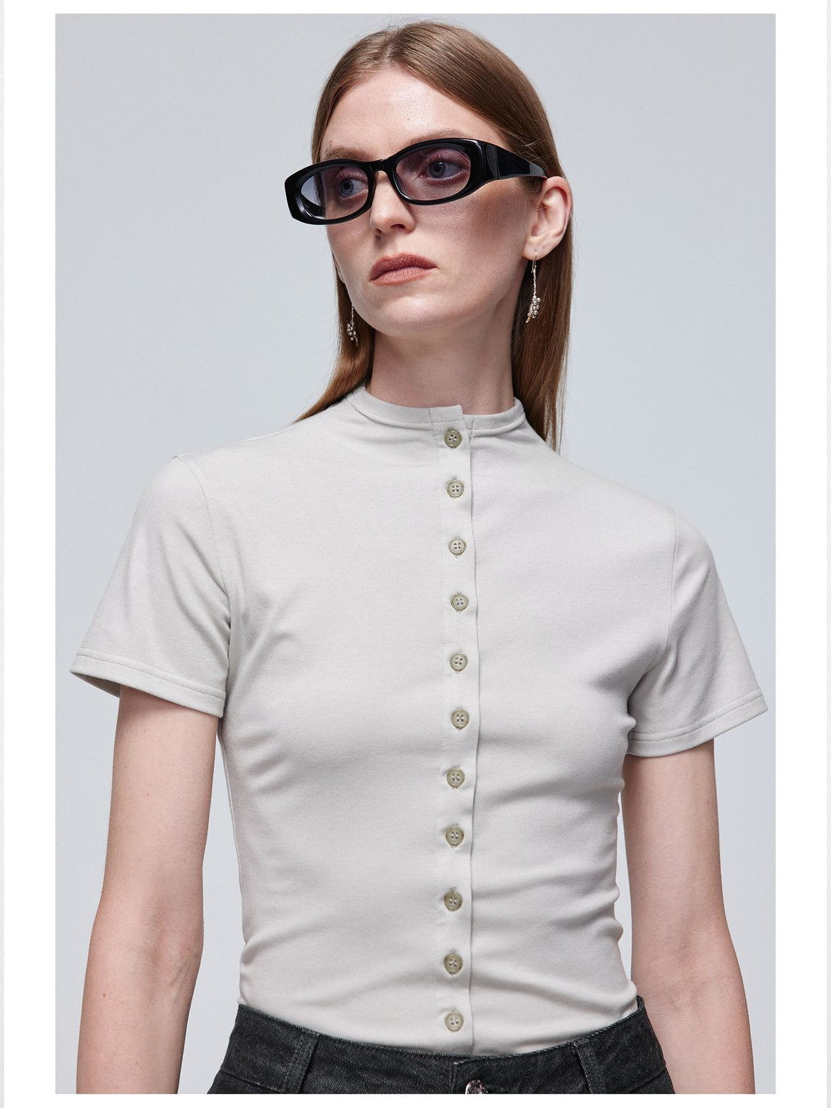 Simple Project Tencel Wool Button Front Tee in Gray - On Model