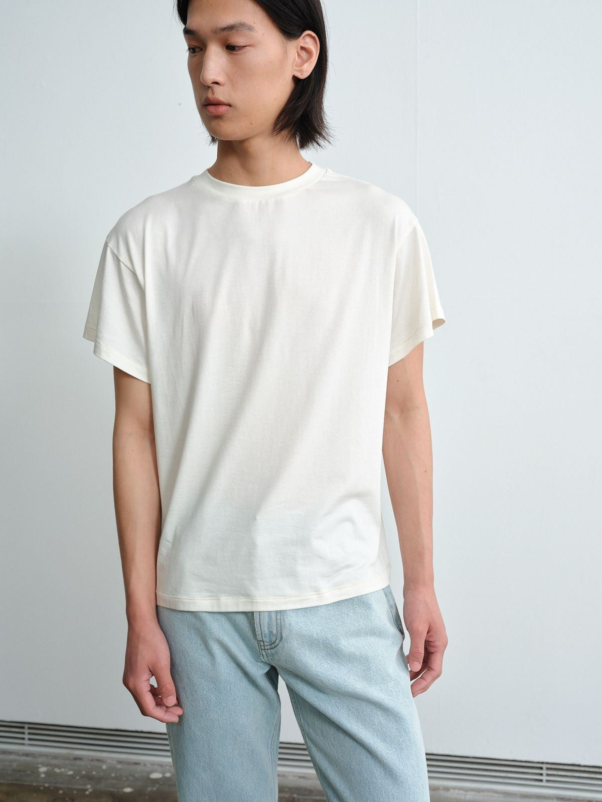 ROYA Center Seam Modal Cotton T Shirt in White - On Model