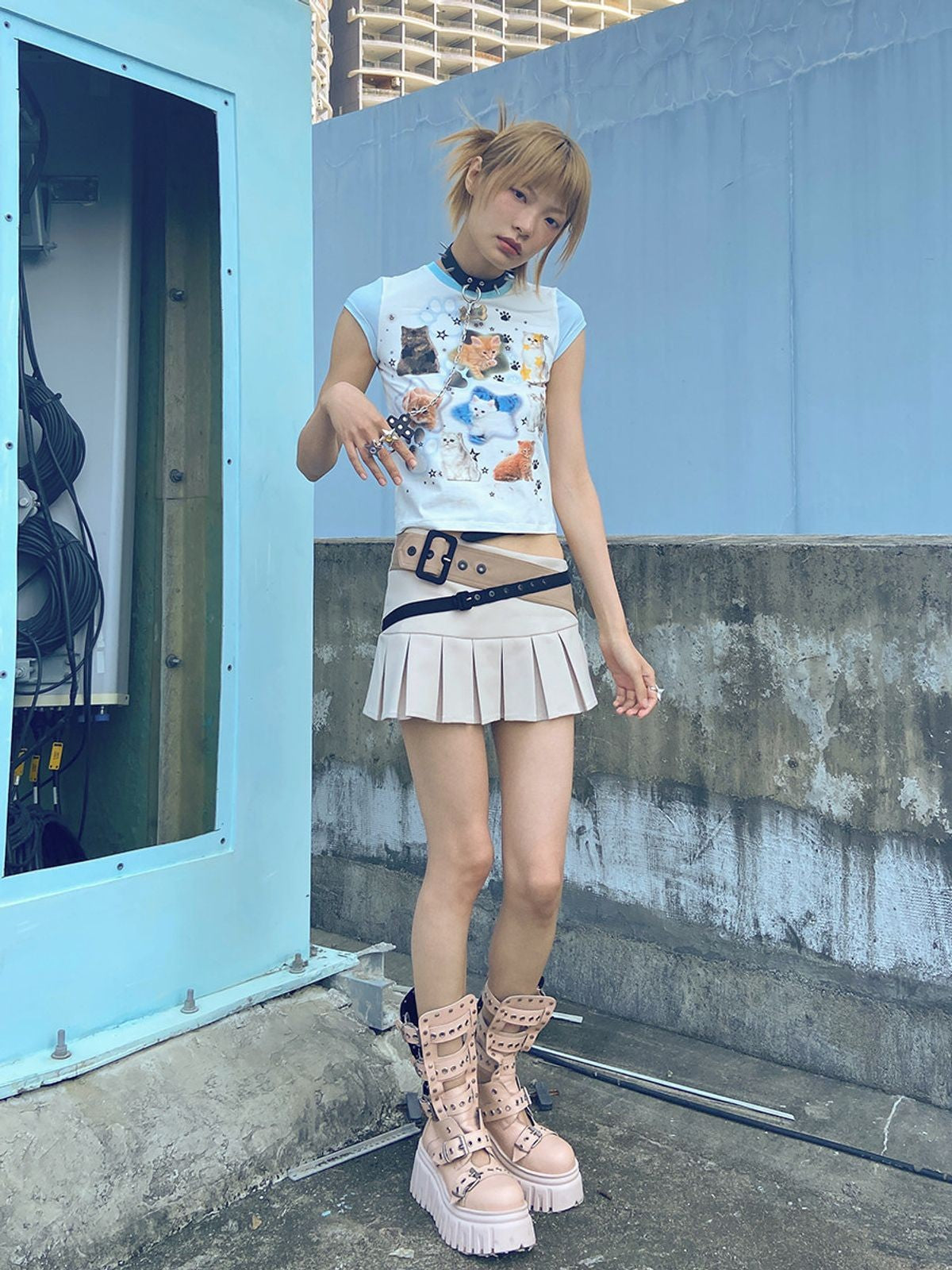 CFIERCE Cat Print Contrast Sleeve Tee in White - On Model