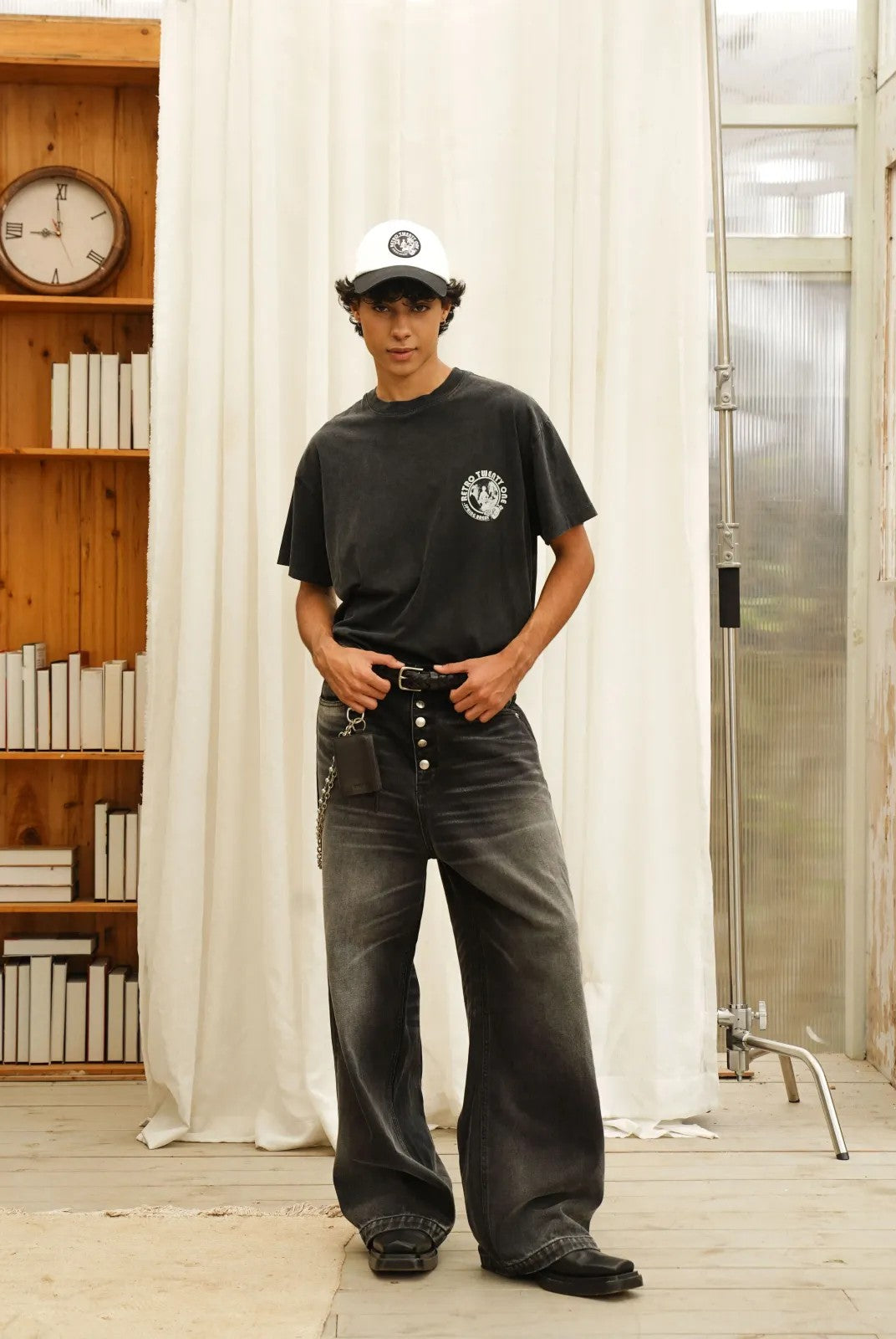 Retro 21 Garment Dyed Graphic Tee in Gray - On Model