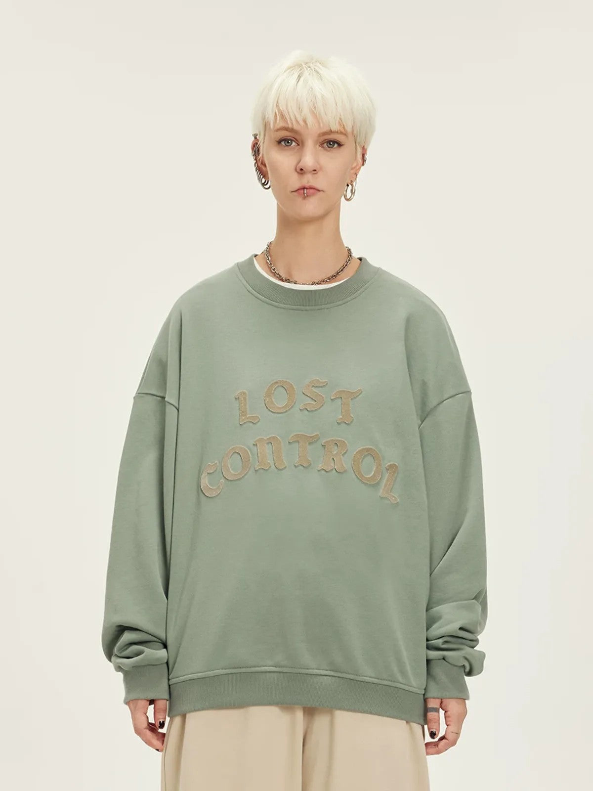 LOSTCTRL Chenille Logo Crewneck Sweatshirt in Mint - On Model