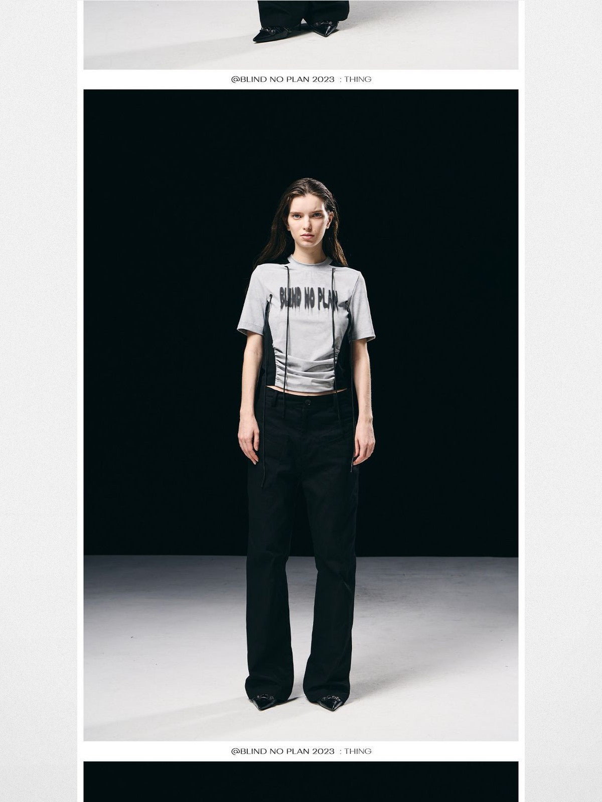 BLINDNOPLAN Contrast Panel Ruched Graphic Tee in White - On Model