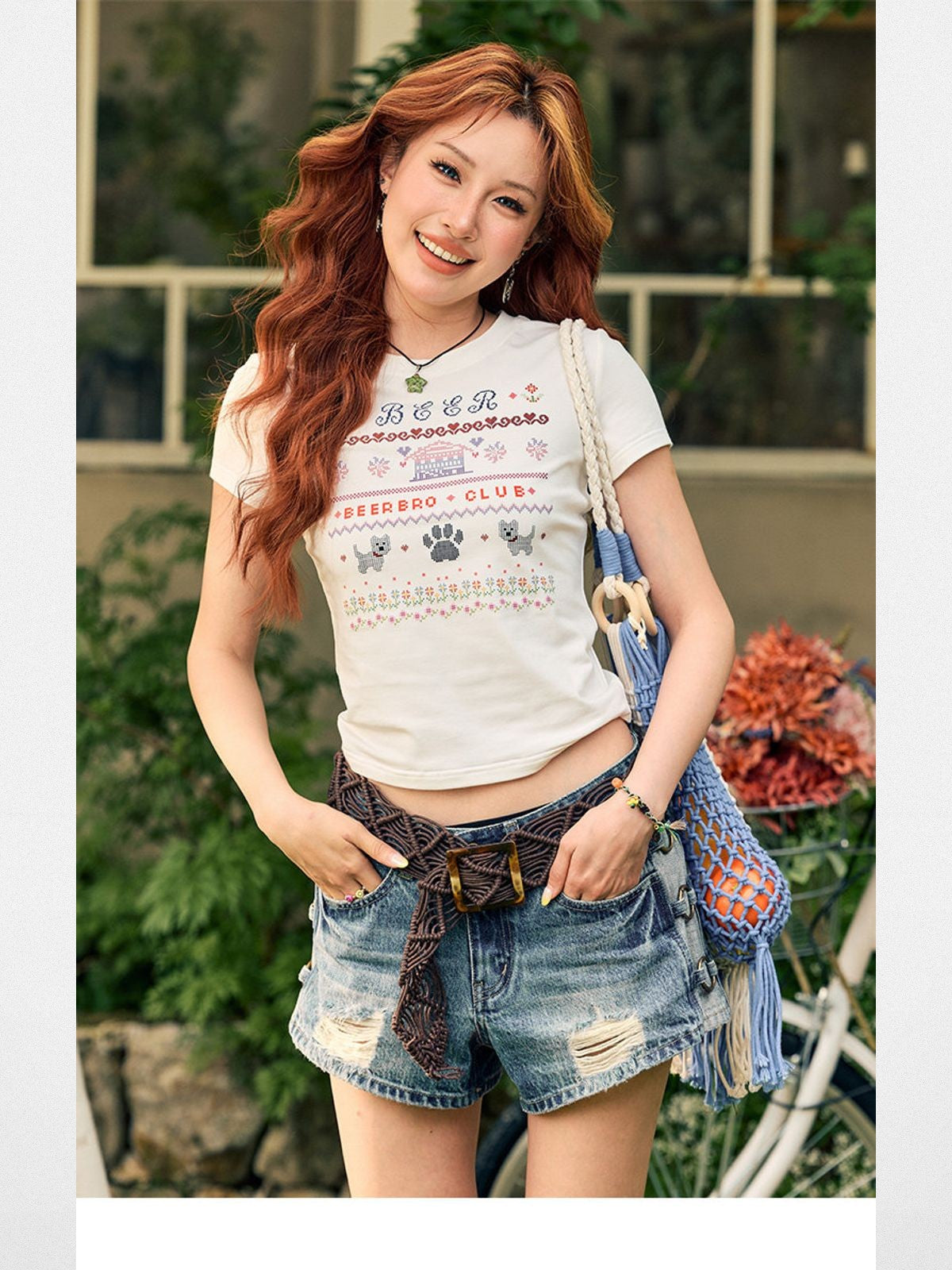 BeerBro Mosaic Puppy Graphic Baby Tee in White - On Model