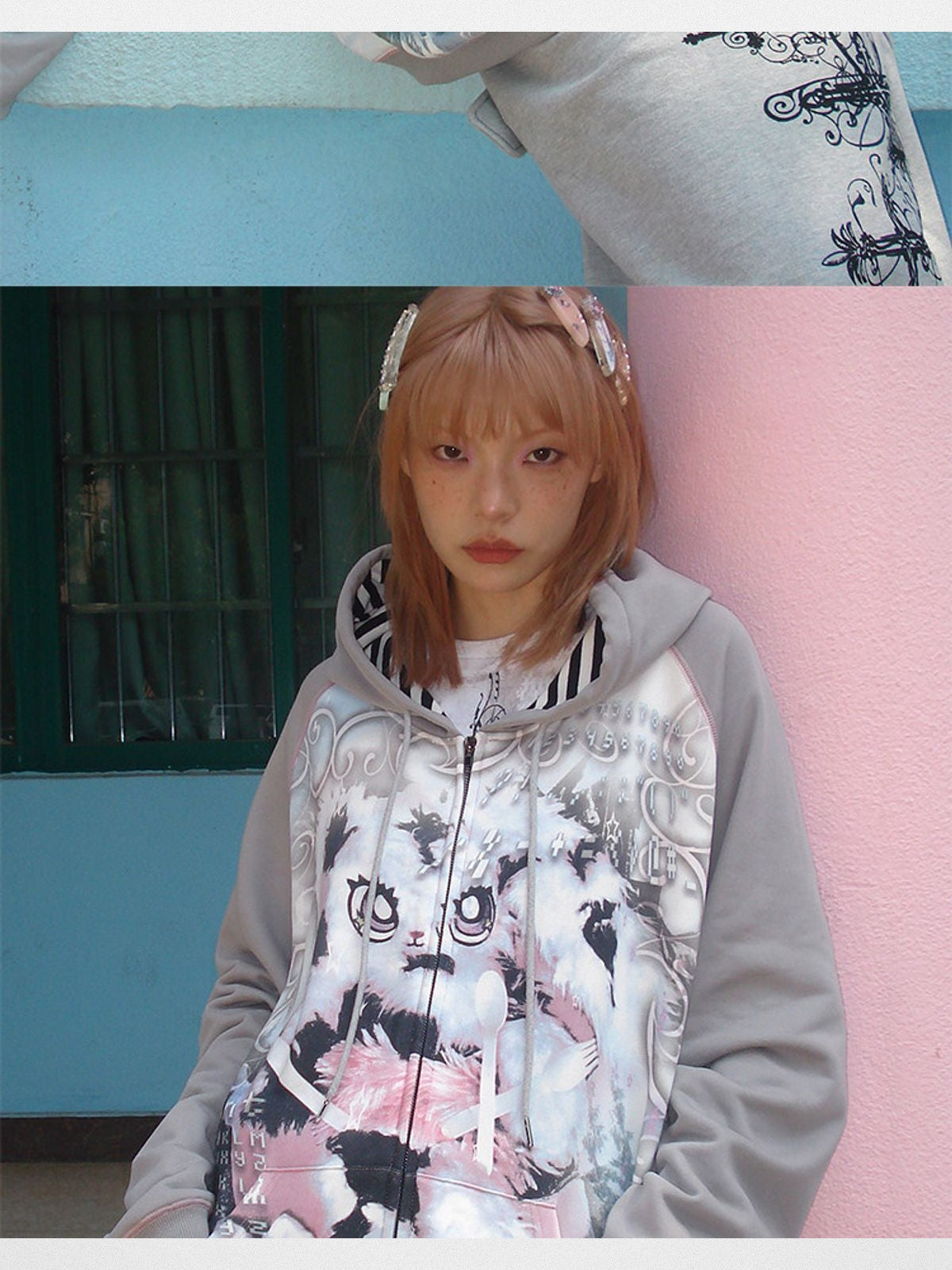CFIERCE Abandoned Bunny Print Zip Up Hoodie in Gray - On Model