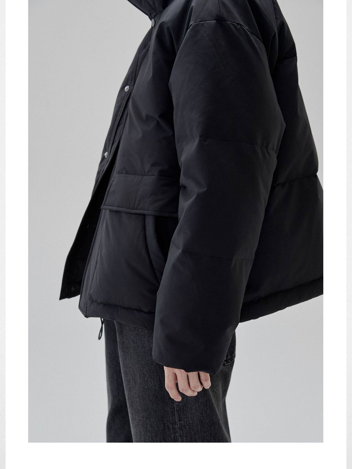 NANS Sherpa Collar Multi Pocket Down Puffer in Black - On Model