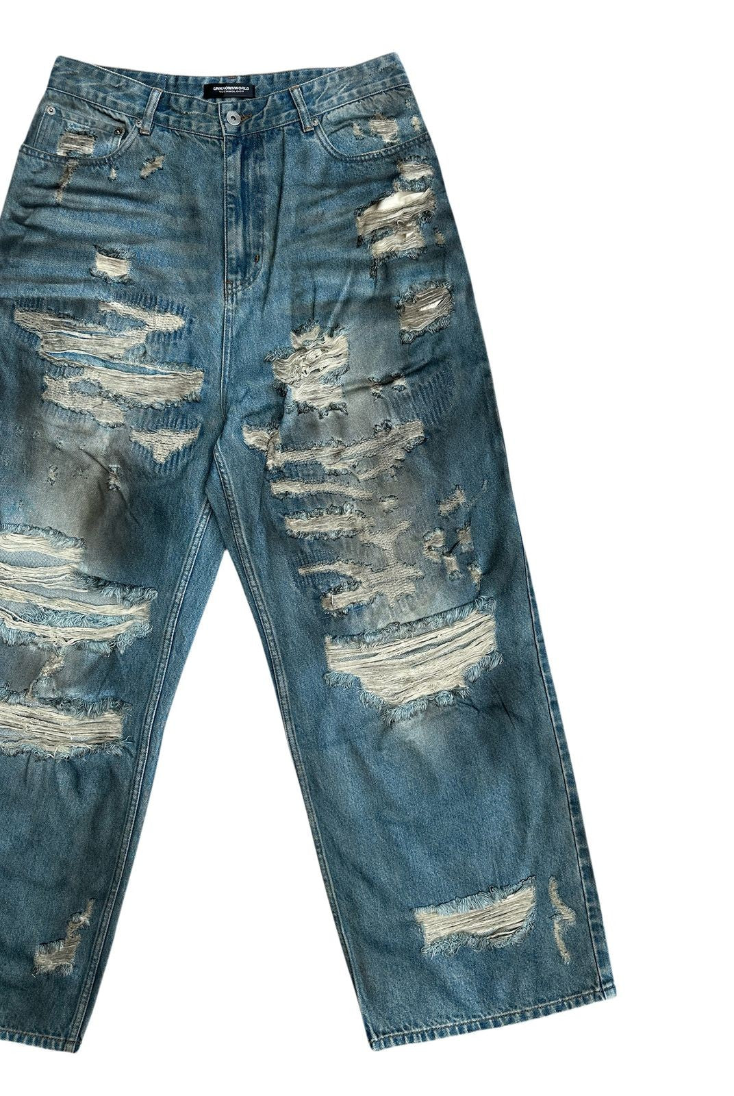 UNKNOWNWORLD Distressed Boro Mud Dyed Jeans in Denim