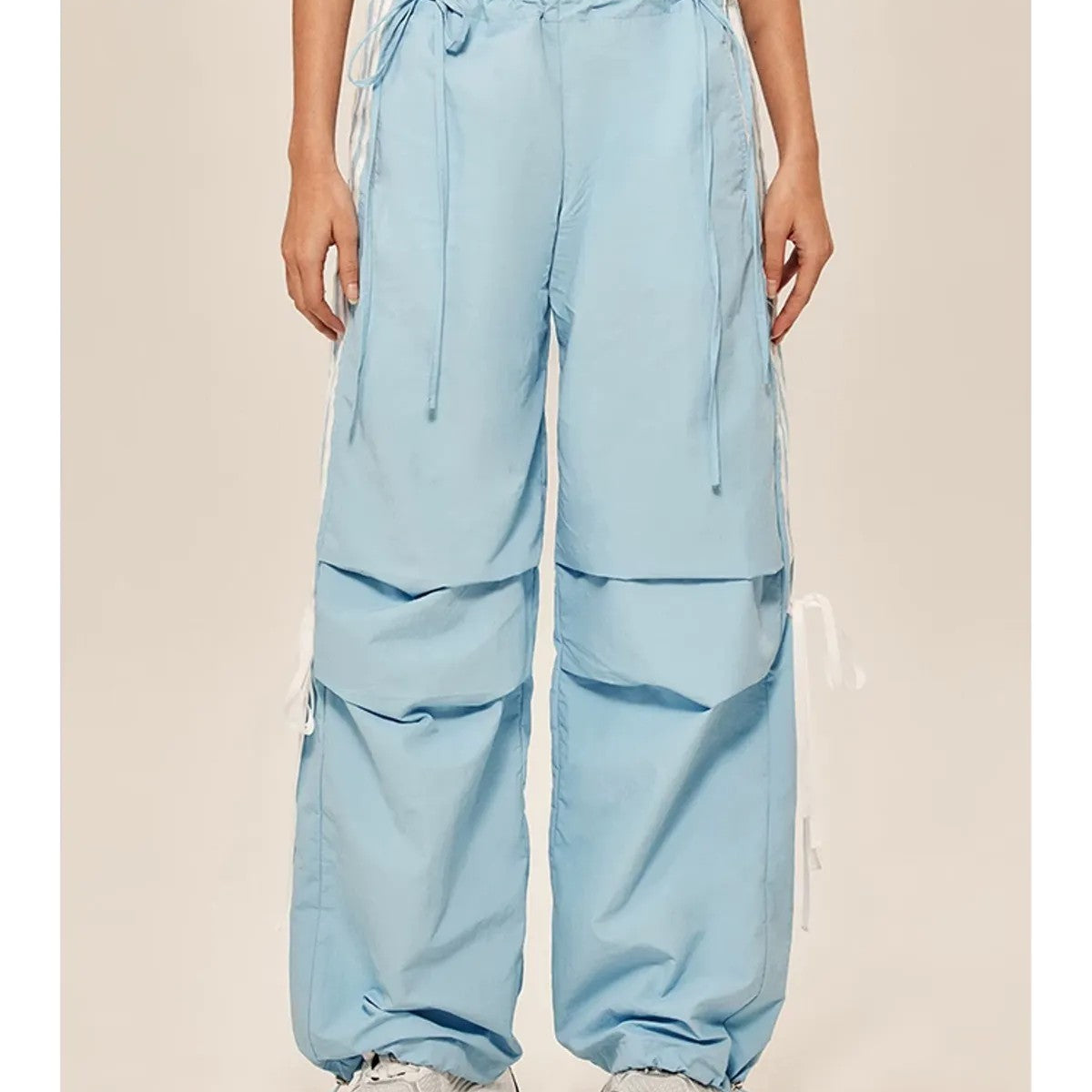 BeerBro Drawstring Wide Leg Parachute Pants in Sky Blue - On Model