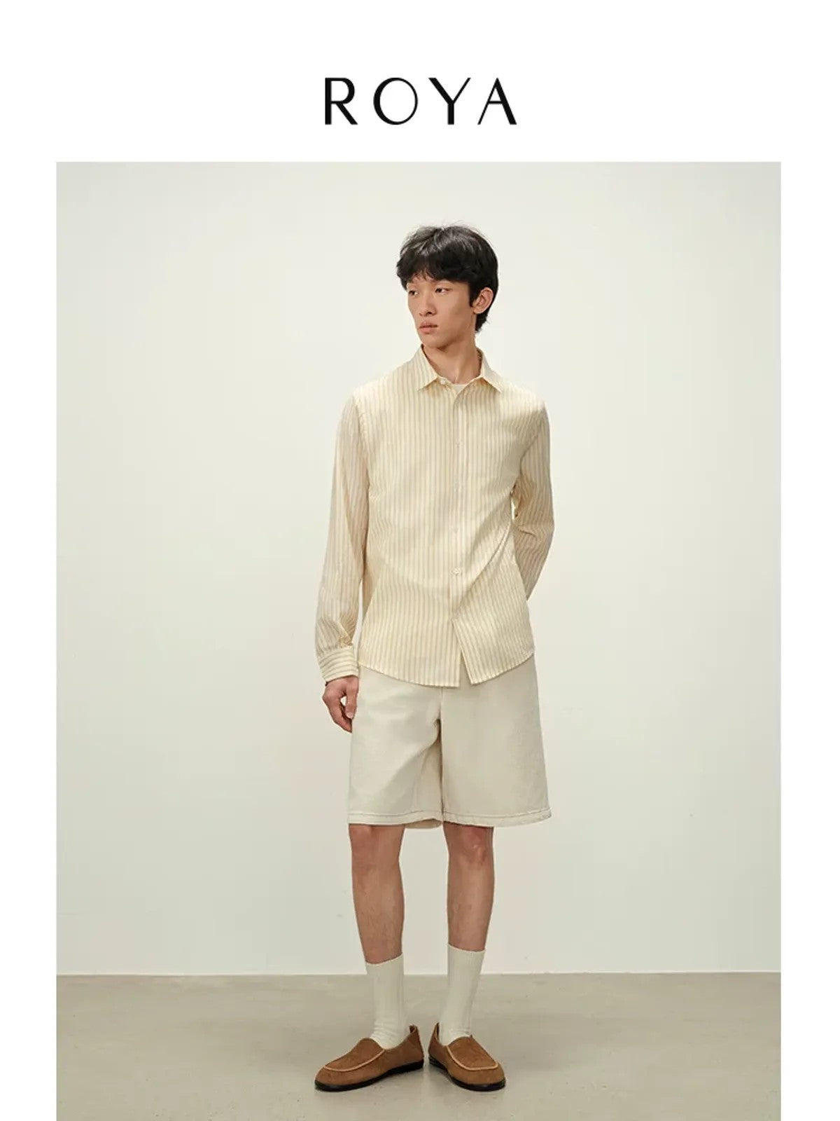 ROYA Striped Lyocell Silk Blend Shirt in Yellow - On Model