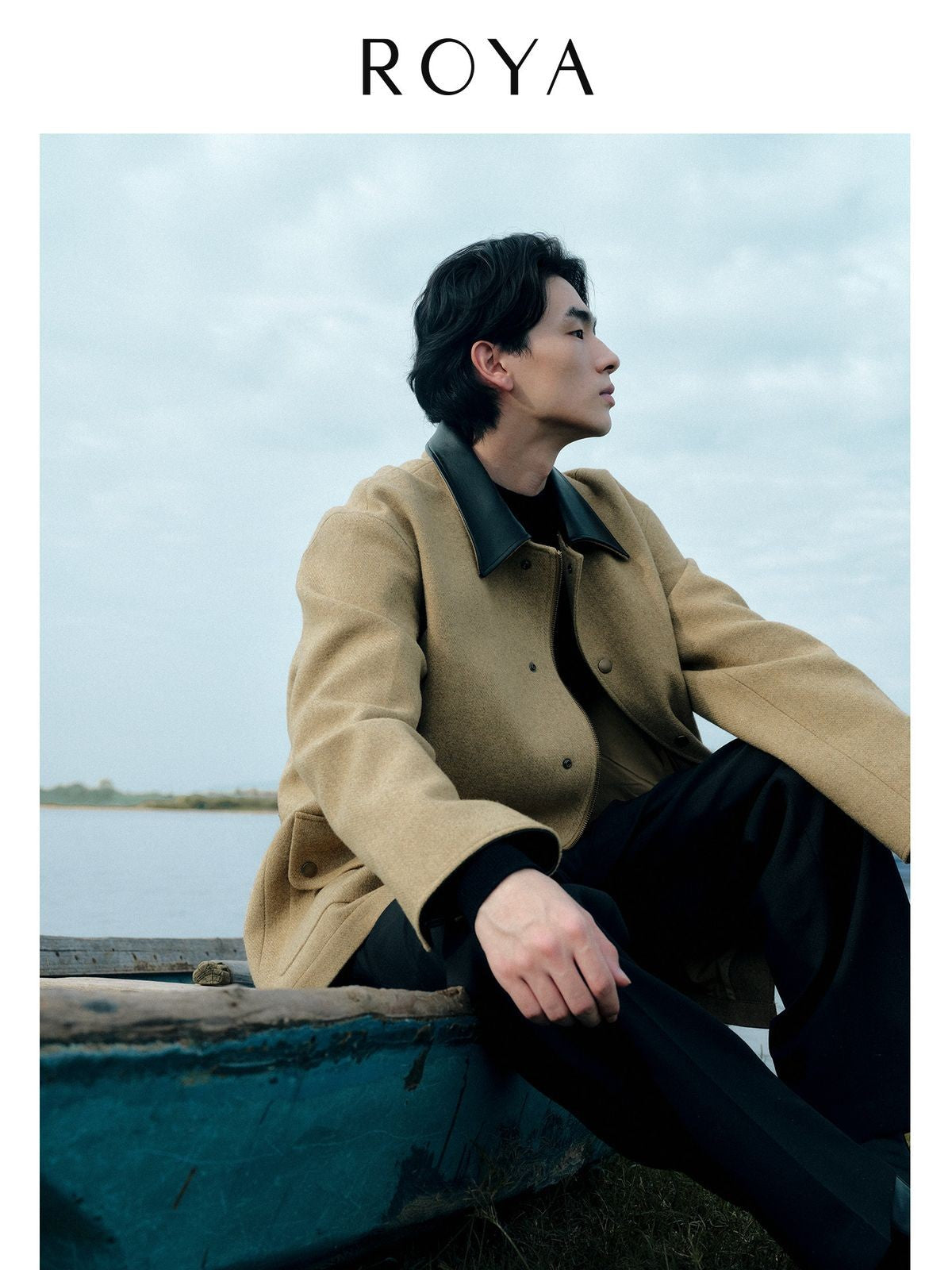 ROYA Sheepskin Collar Wool Blend Safari Jacket in Yellow - On Model