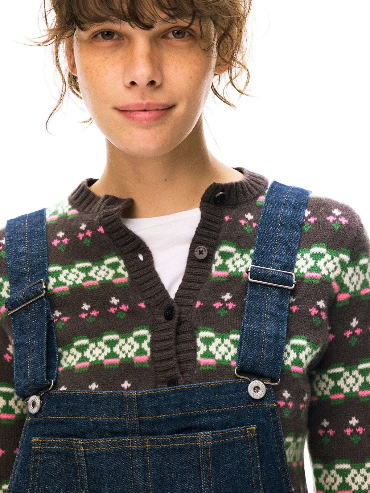 alright then 100 Wool Jacquard Cardigan in Brown - On Model